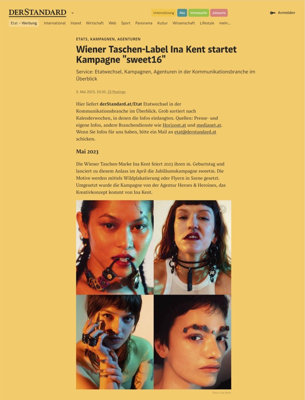 Ausschnitt aus Der Standard Online-Format Titel "Wiener Taschen-Label Ina Kent startet Kampagne "sweet16"
