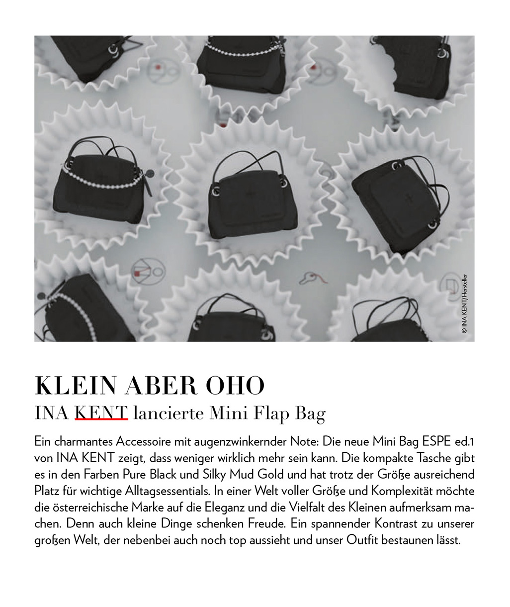 Ein Flyer präsentiert die INA KENT Mini Flap Bag mit drei eleganten schwarzen Handtaschen. Der Text hebt das kompakte und dennoch geräumige Design hervor, das in Pure Black und Silky Mud Gold erhältlich ist.