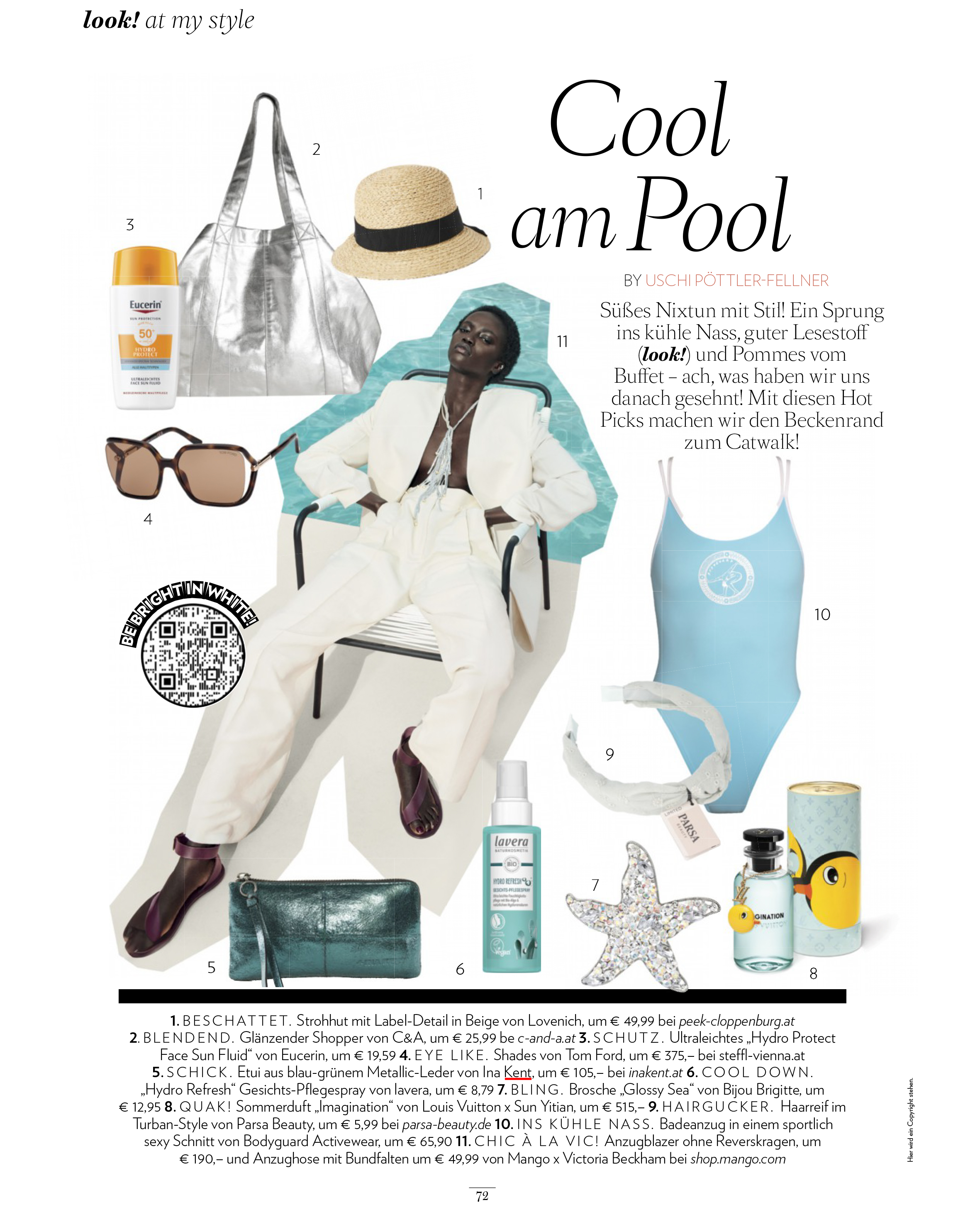 Eine Collage aus Pool-Accessoires, Hautpflegeprodukten und einem liegenden Model in Urlaubskleidung von INA KENT. Der Text enthält Beschreibungen und Preise auf Deutsch. Zu den Artikeln gehören ein mintfarbener Badeanzug, ein Strohhut und eine Sonnenbrille.