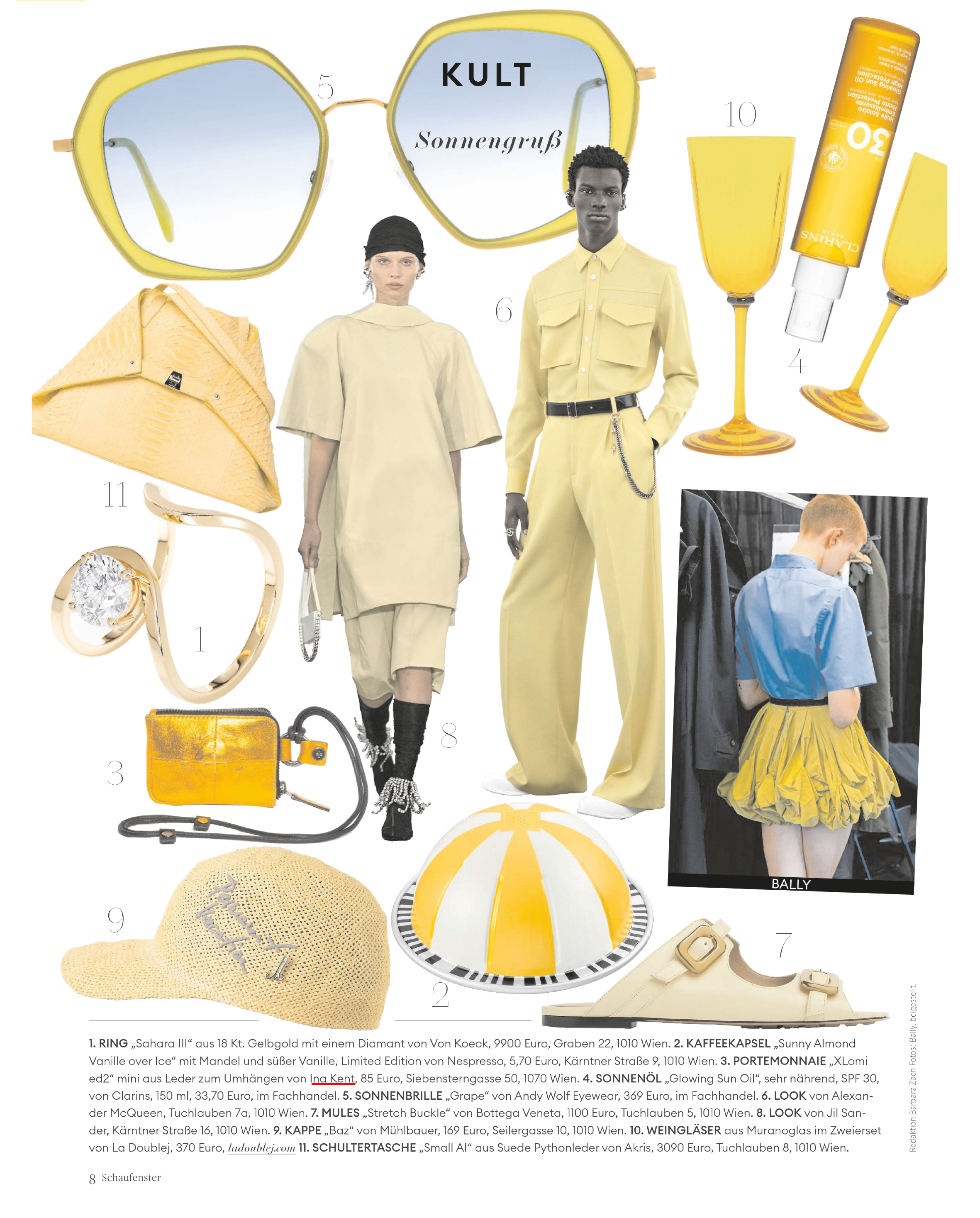 Eine Collage aus verschiedenen gelben und grauen Modeartikeln, darunter Accessoires, Kleidung und Wohndekor von INA KENT, hervorgehoben in einem stilvollen redaktionellen Layout.