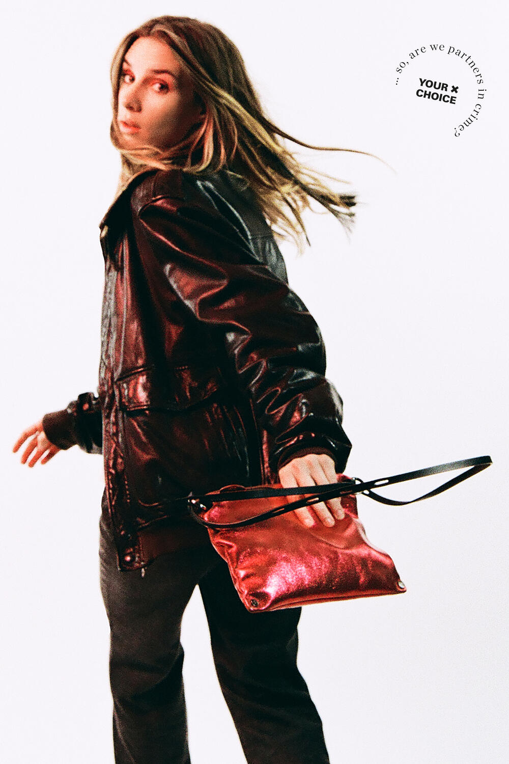 A person in a black leather jacket holds a shiny red INA KENT bag, with text reading "YOUR CHOICE" in the corner.