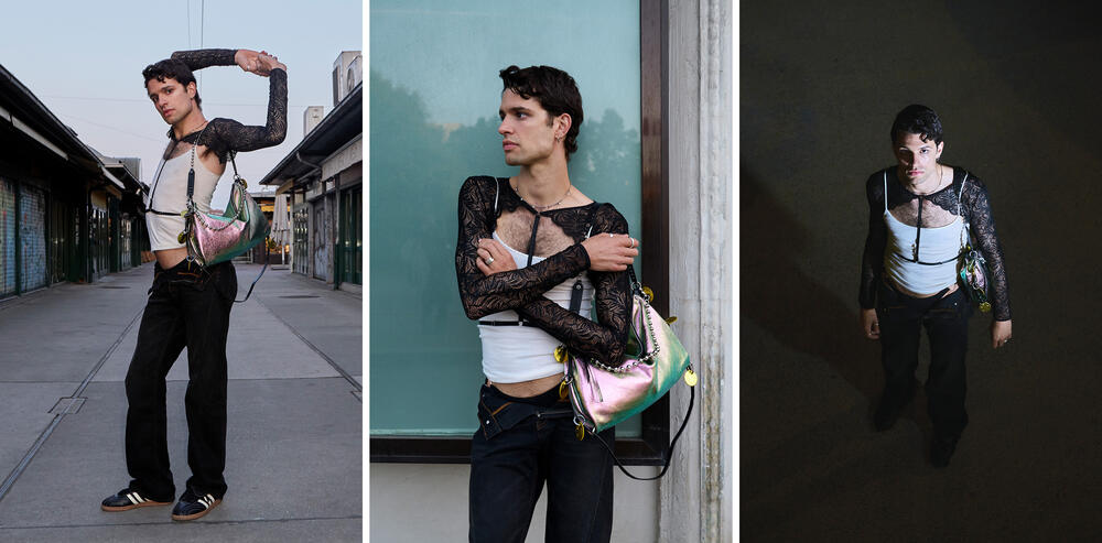 A person wearing a lace long-sleeve shirt, white tank top, jeans, and a shiny INA KENT handbag poses in three different urban settings.