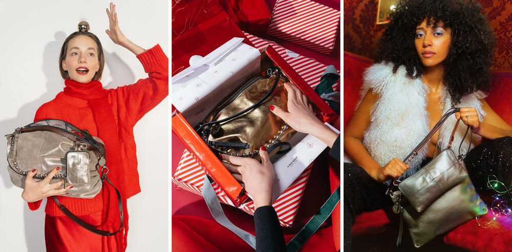 Drei Bilder: eine Frau in Rot mit zwei metallischen INA KENT-Handtaschen, Hände, die ein Geschenkpaket mit einer goldenen Handtasche öffnen, und eine Frau in weißer Weste mit zwei metallischen Handtaschen.