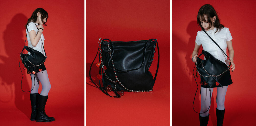 A young woman wearing a white shirt, black skirt, and boots models an INA KENT black shoulder bag with decorative charms against a red background; the bag is shown alone in the center panel.