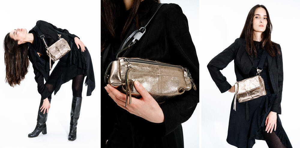 Dreiteilige Abbildung einer Frau in einem schwarzen Kleid und Stiefeln, die eine INA KENT Metallic-Crossbody-Tasche vorführt. Das mittlere Bild hebt die einzigartigen Details der Tasche in einer Nahaufnahme hervor.