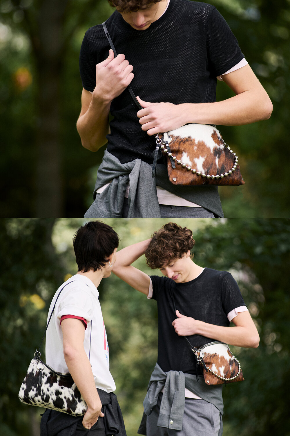 Two men wearing cow-print shoulder bags with chain straps.
