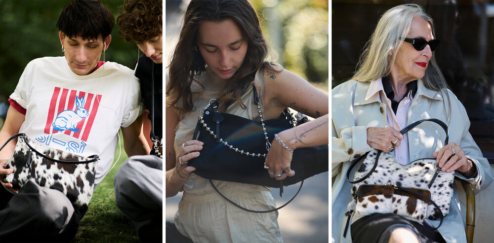 Three people carrying different styles of cow-print and black leather INA KENT handbags.