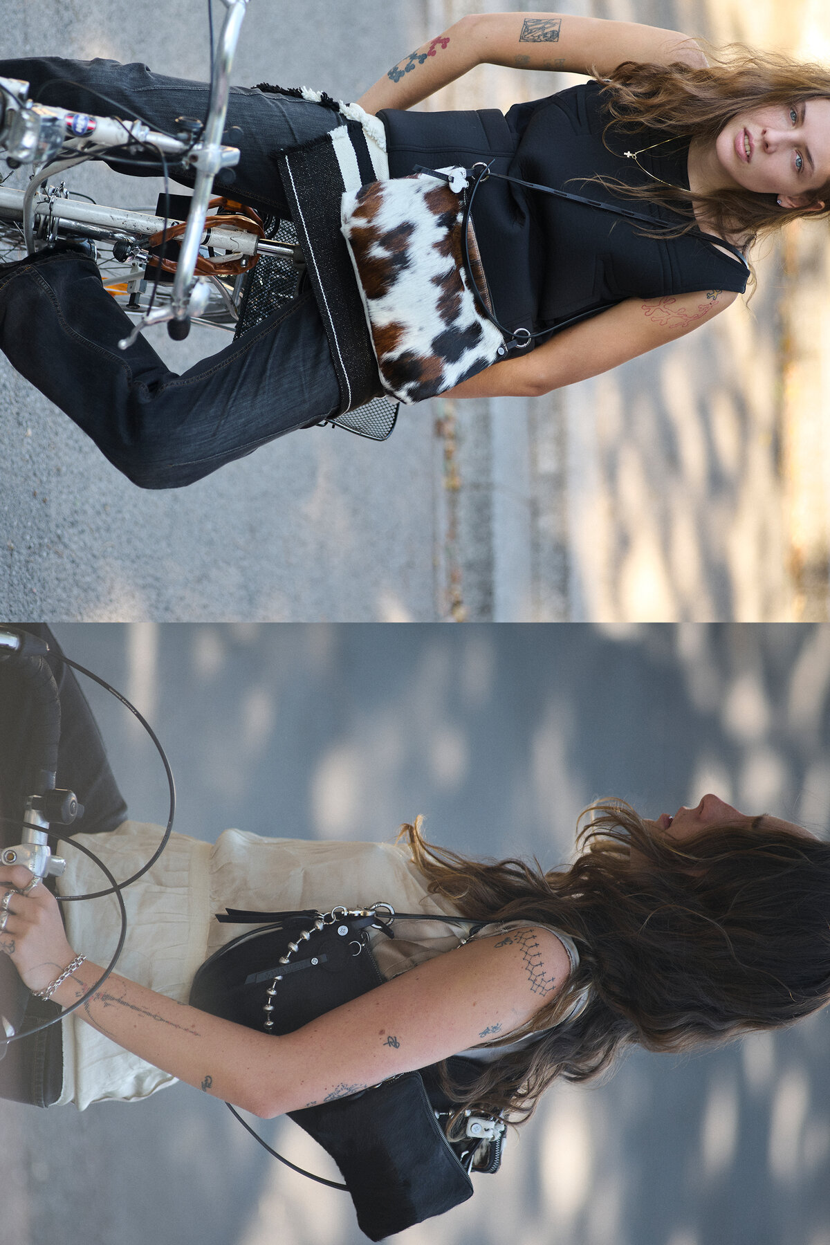 A split-screen image showing a person riding a bicycle while wearing a cow-print crossbody bag in the top frame and a black studded bag in the bottom frame.