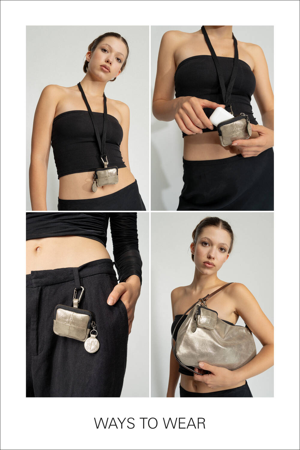 A woman showcases different ways to wear a small metallic INA KENT purse: around the neck, as a waist accessory, and attached to a larger handbag. She wears a black strapless top and black pants.