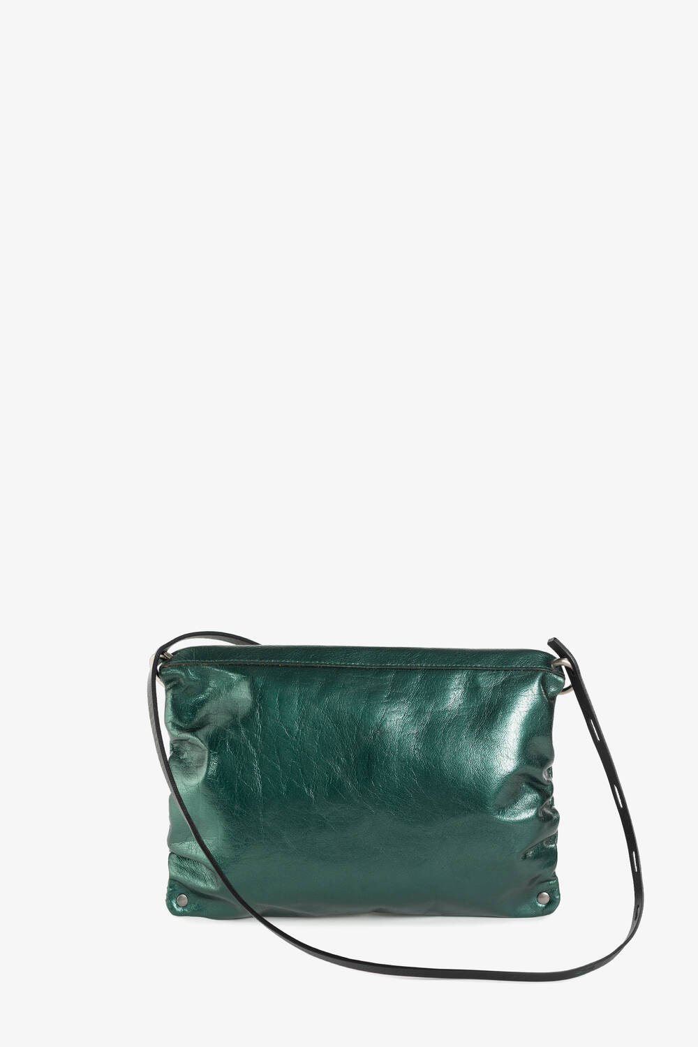 The INA KENT green leather shoulder bag features a sleek design with a thin black strap, epitomizing chic elegance.