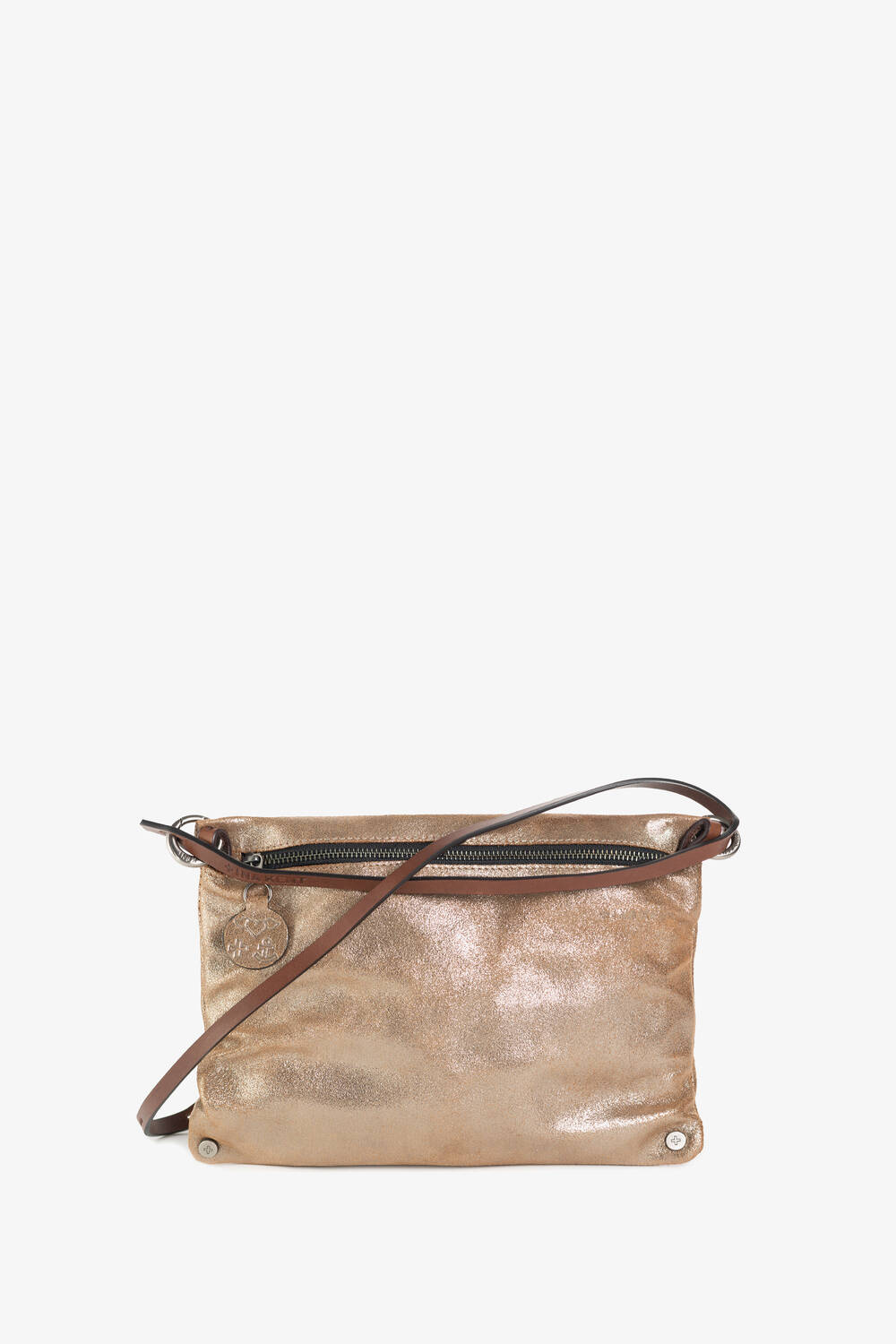 The INA KENT metallic gold crossbody bag features a sleek zipper closure and a thin strap, combining elegance and functionality.