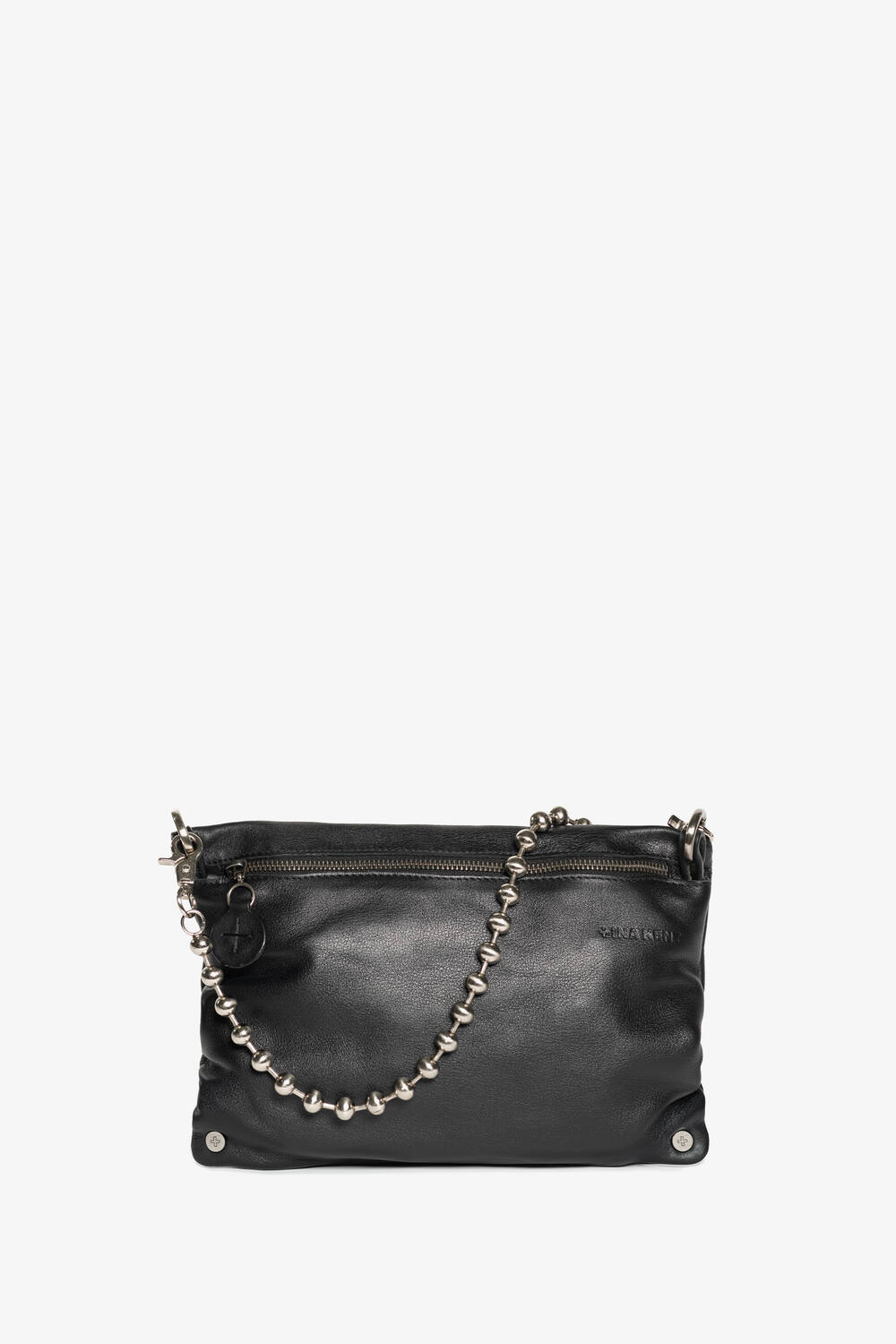 A sleek black leather handbag by INA KENT, complete with a silver chain strap and zipper closure, featuring a small cross charm and discreet brand logo.