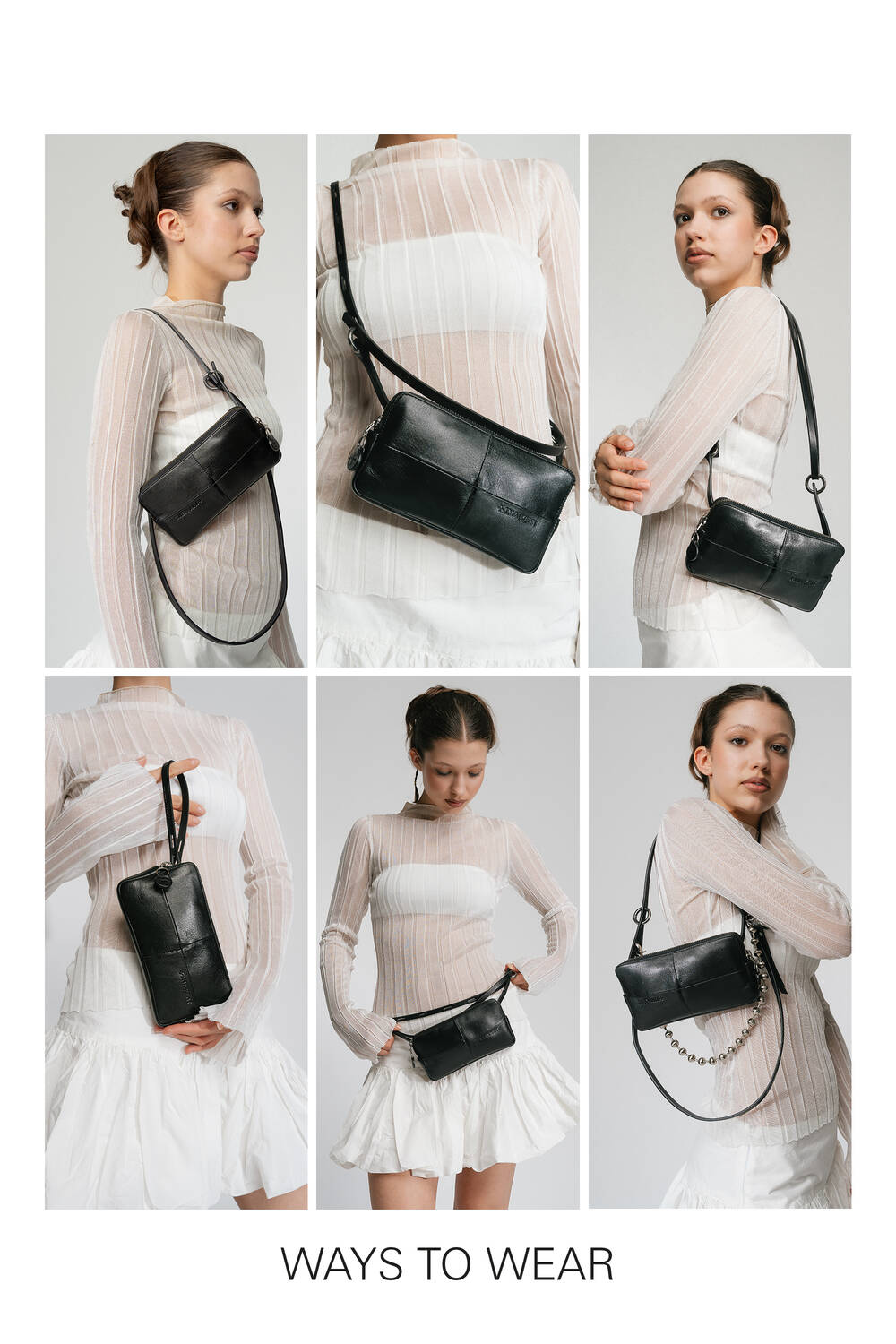 6 pictures of the different ways to carry an X.ONI. Mainly crossbody, as a shoulder bag or as a bum bag. 