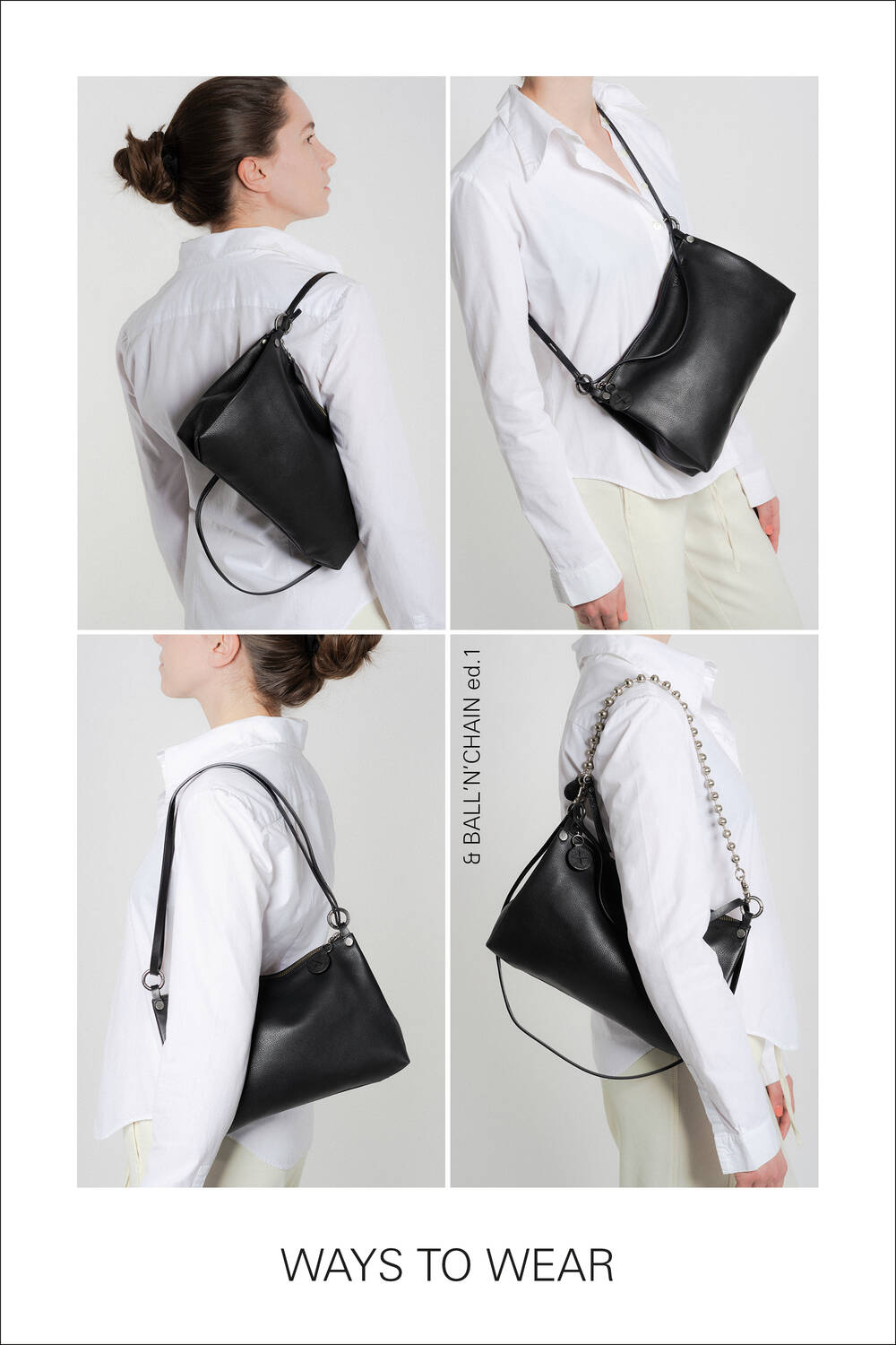 4 pictures of the different ways to wear a ORNAMENT ed.2 weather over the shoulder or cross body