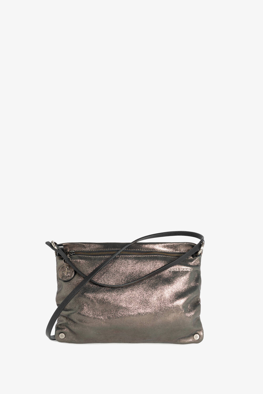 A bag in metallic dark anthracite leather with a long black strap, visible zipper and a slightly casual, soft texture.
