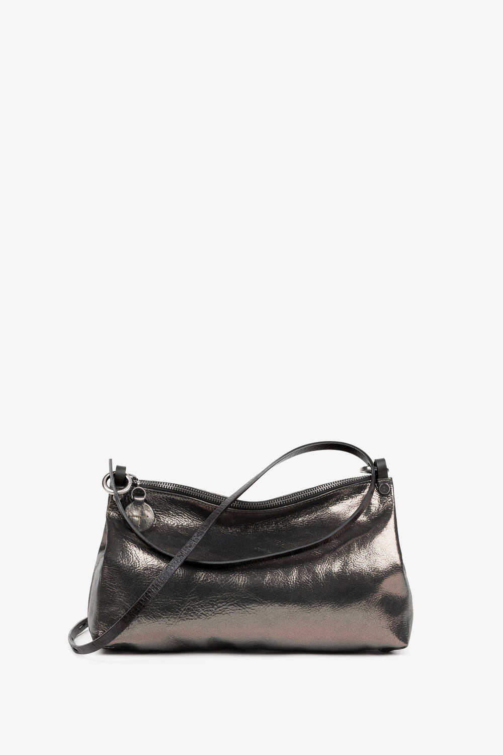 INA KENT ORNAMENT ed.2 bag in crackled graphite leather. A medium-sized, shimmering metallic bag with a detachable strap and minimalist details.