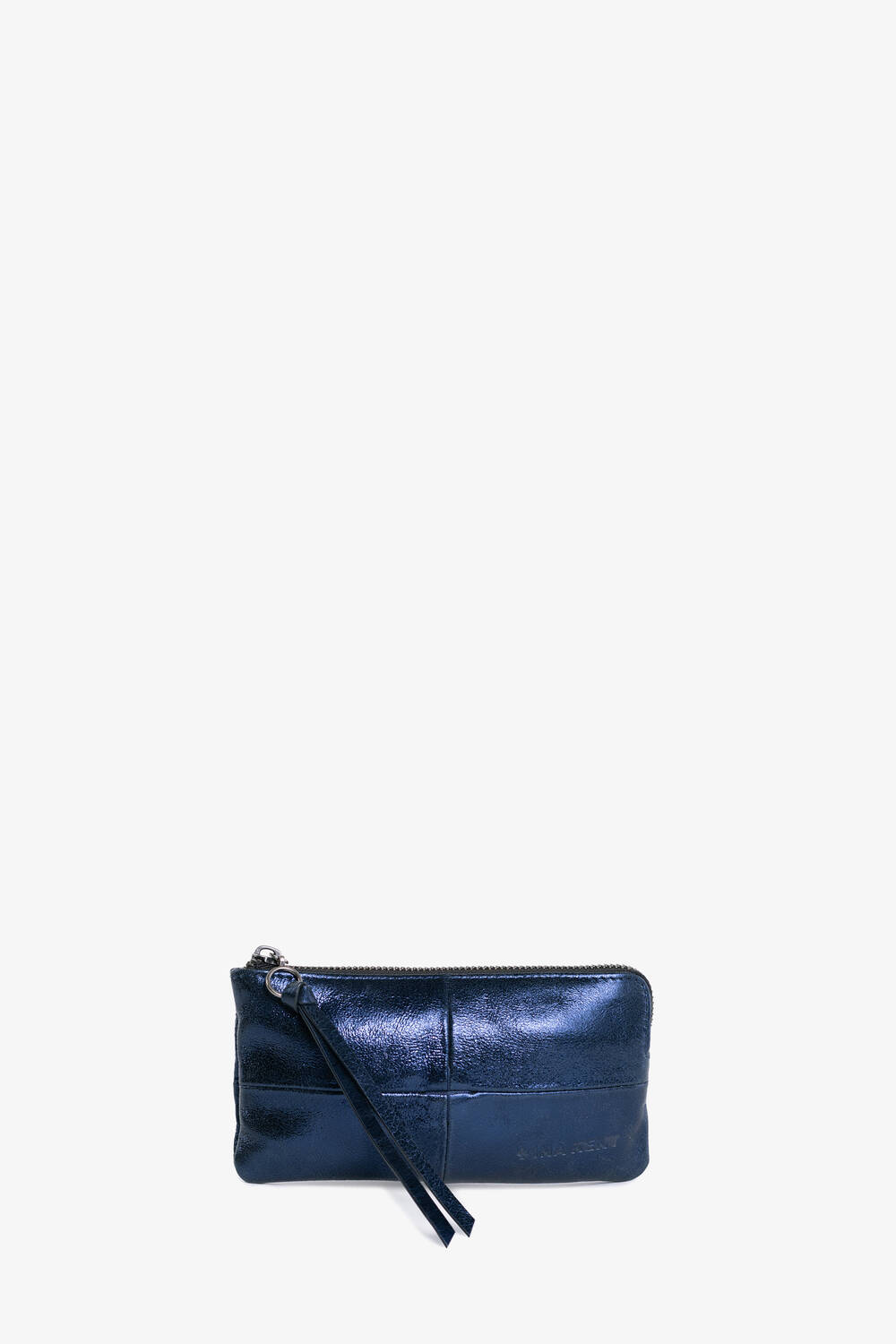 The dark blue rectangular leather clutch, crafted by INA KENT, features a sleek zipper closure and a convenient wrist strap, all set against a crisp white background.