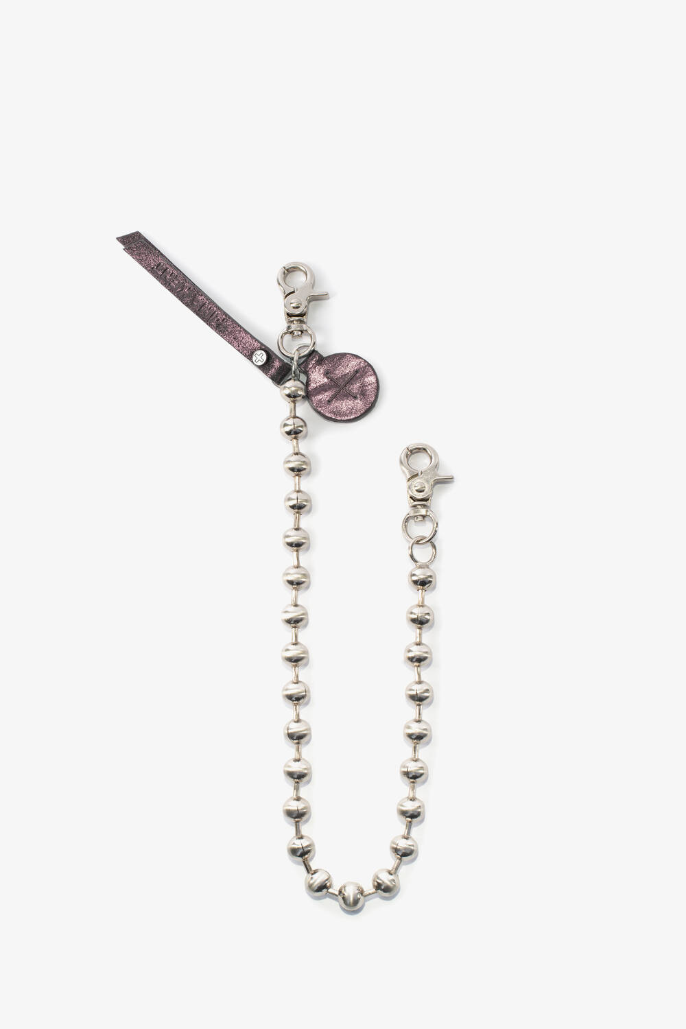 Ball chain in silver with leather pendant in gray-purple