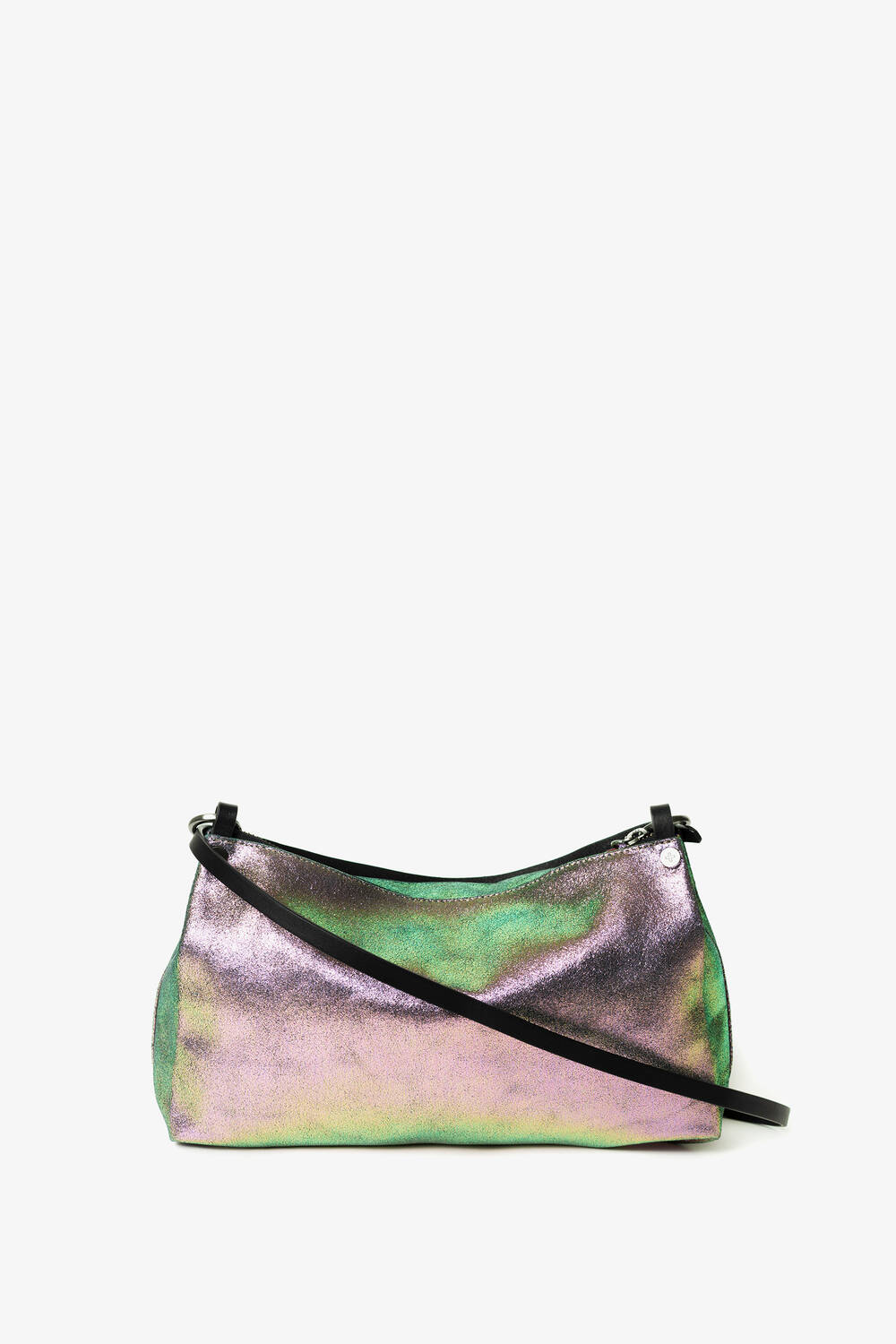 The INA KENT iridescent handbag features a crossbody strap and dazzles with shades of purple and green against a plain backdrop.