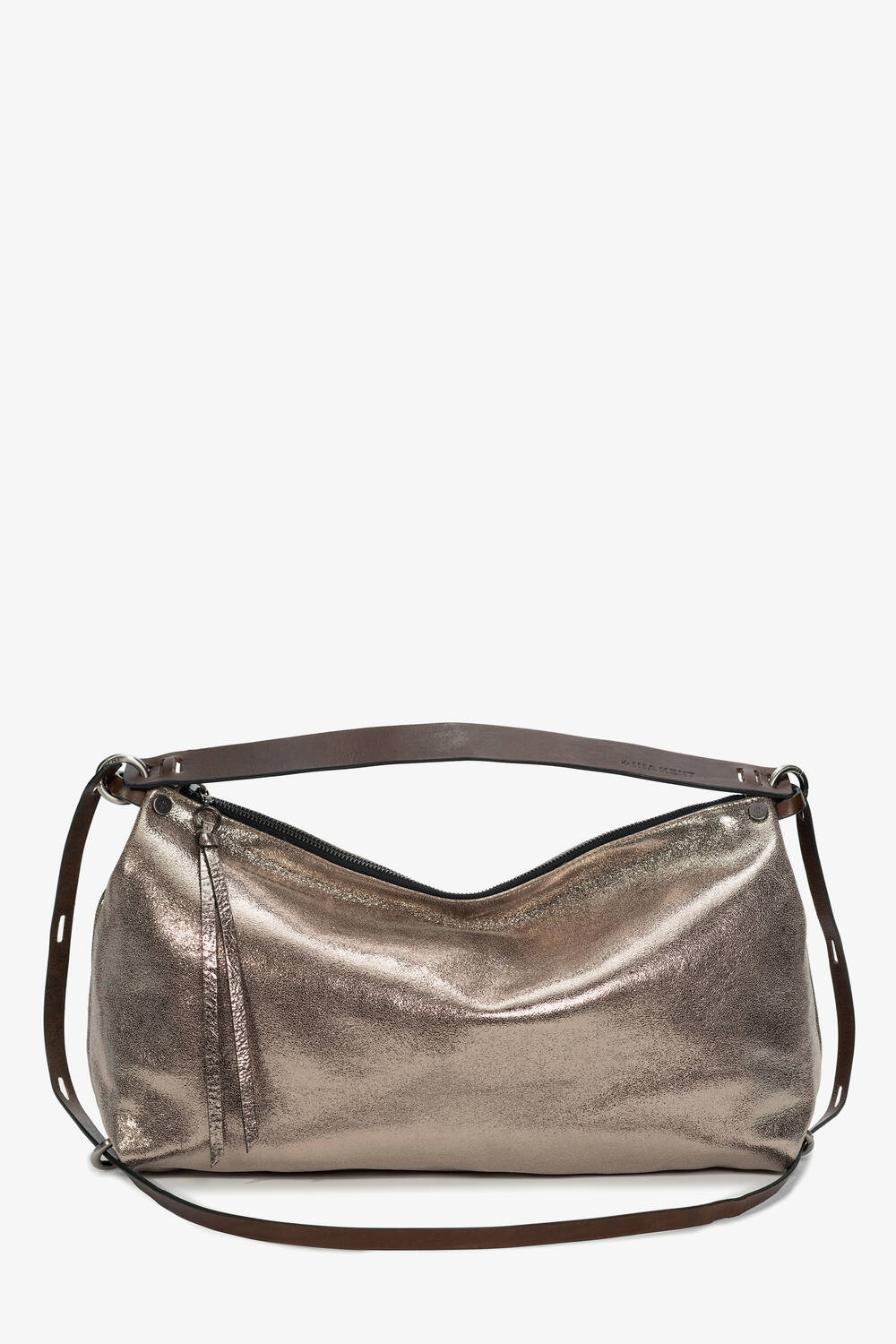 INA KENT – Umhängetasche in Metallic-Bronze mit schwarzem Riemen und Reißverschluss, mit schickem Quasten-Akzent.