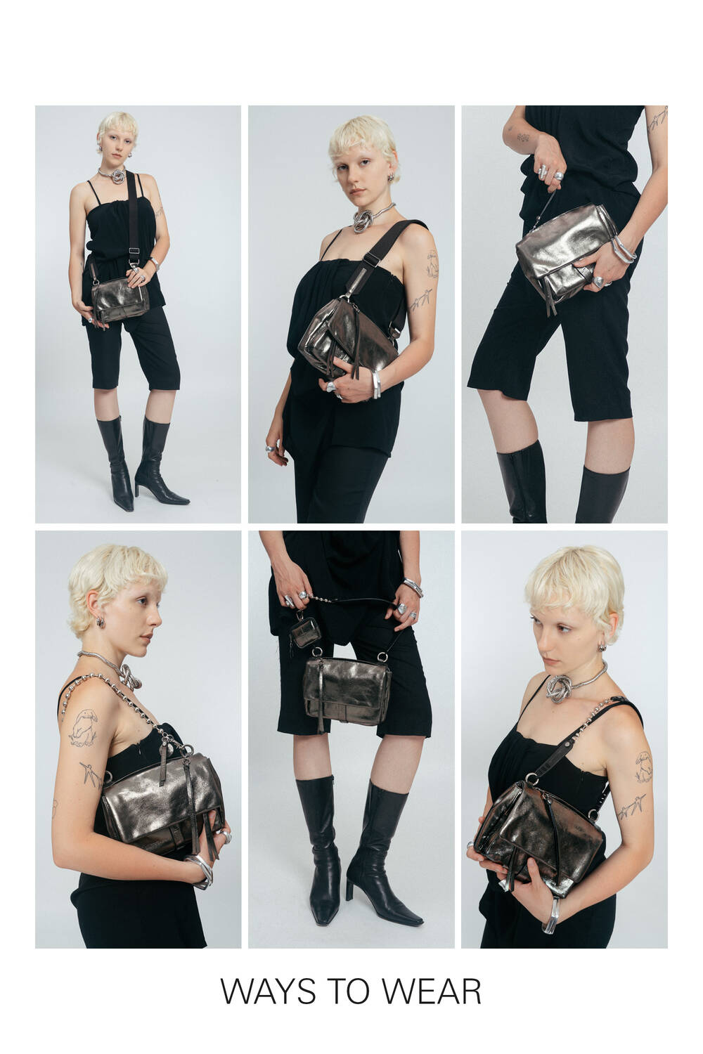 Sechs Bilder einer Person mit kurzen blonden Haaren, die eine INA KENT-Metallic-Tasche auf verschiedene Weise modelliert und zeigt, wie man sie tragen kann, z. B. als Crossbody, in der Hand oder als Clutch.