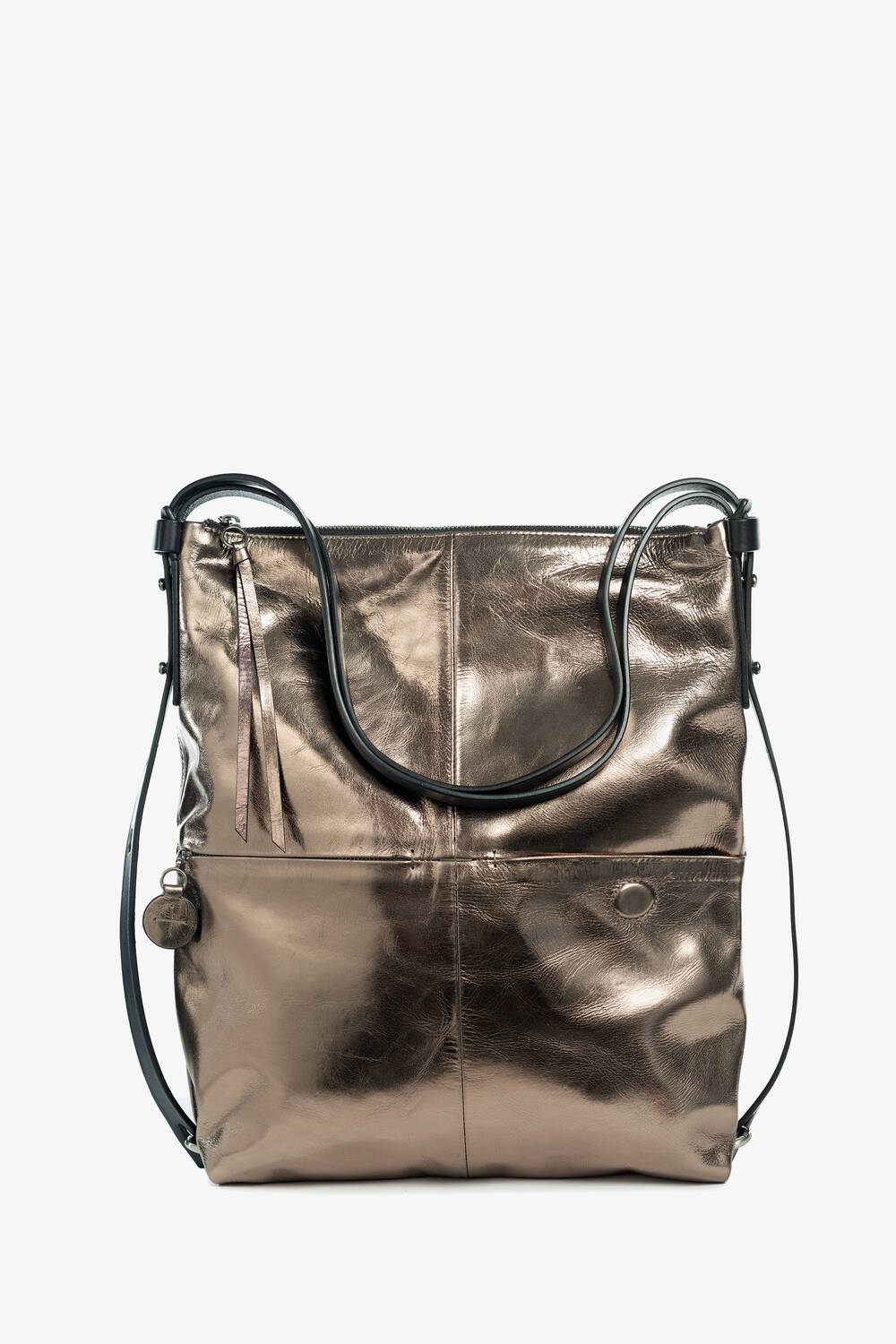 A metallic bronze leather tote bag by INA KENT with black handles, a front zipper pocket, and a round keychain charm.