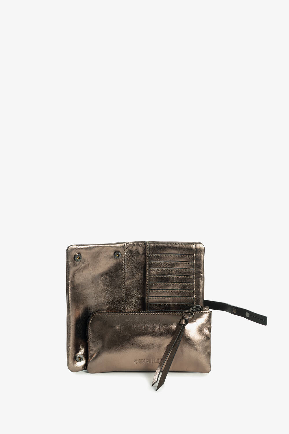 INA KENT Portemonnaie in Bronze-Metallic mit abnehmbarer Reißverschlusstasche, Kartenfächern und Druckknopfverschluss, offen auf weißem Hintergrund dargestellt.