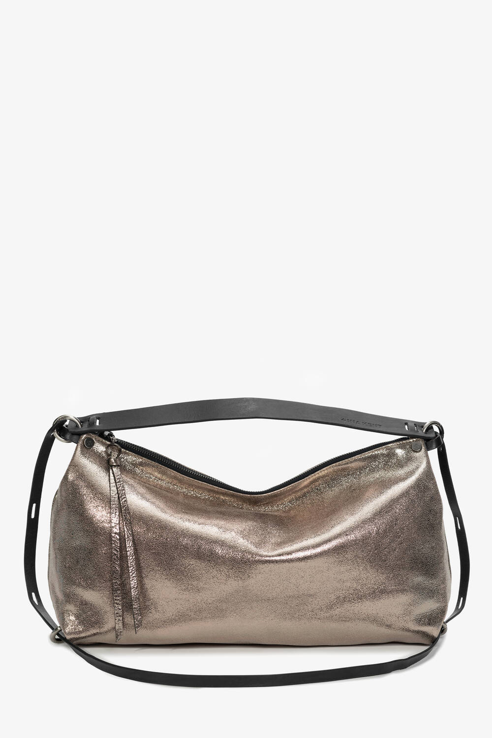A metallic silver leather shoulder bag by INA KENT, featuring a black adjustable strap, zipper closure, and two leather tassels on the zipper pull, displayed against a white background.