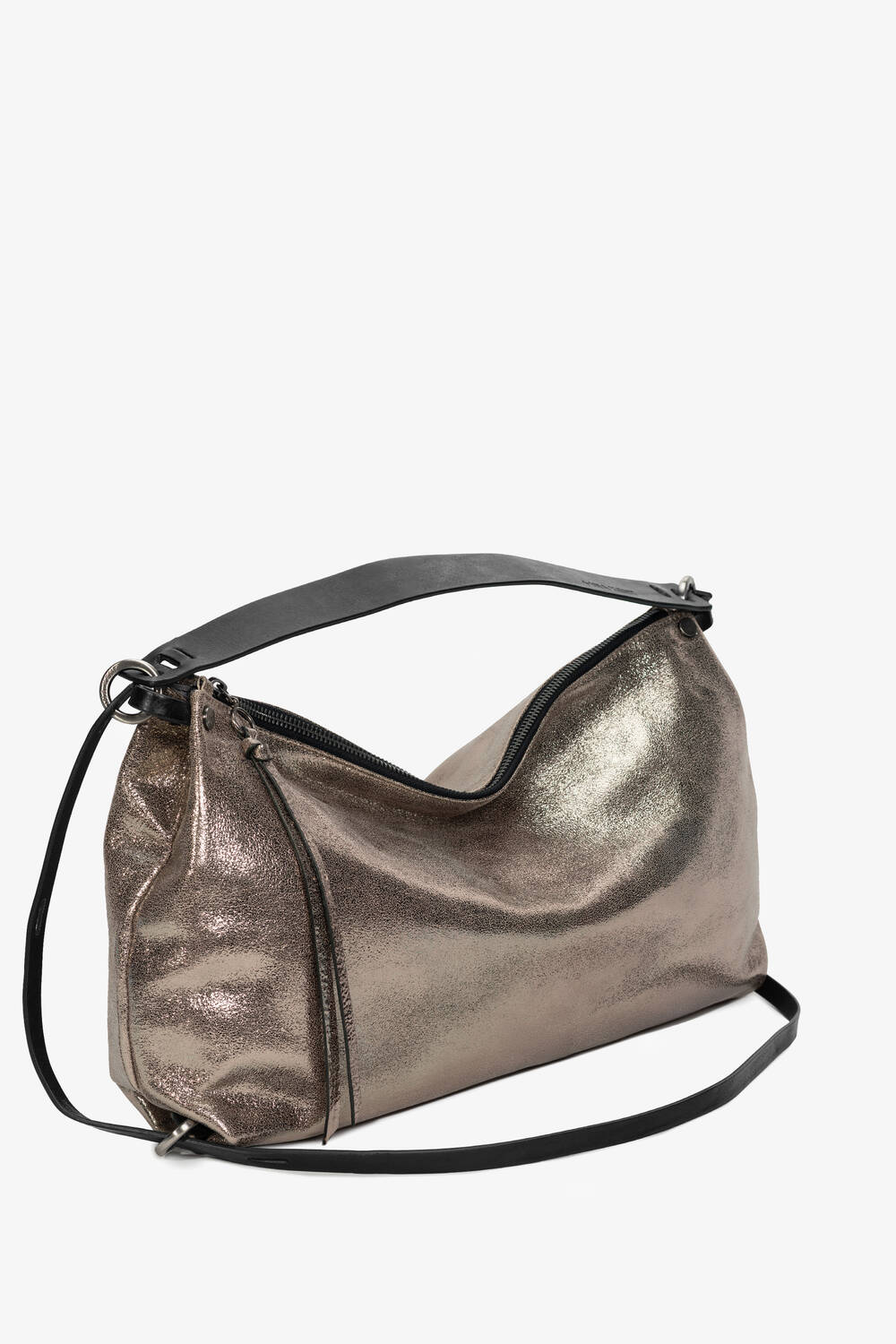 A metallic silver INA KENT shoulder bag with a black adjustable strap and a zippered main compartment, displayed against a plain white background.