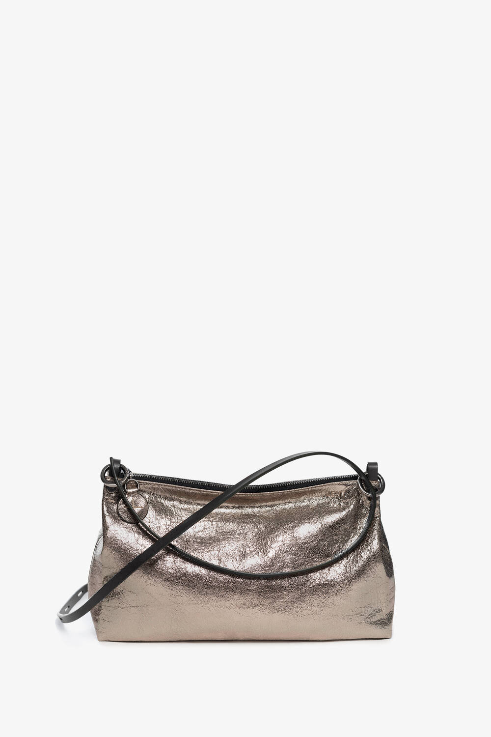 A silver INA KENT purse with a black strap.