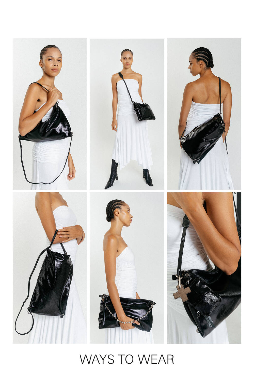 A woman in a white strapless dress demonstrates six stylish ways to wear or carry an INA KENT shiny black handbag with a shoulder strap. Text at the bottom reads "WAYS TO WEAR.