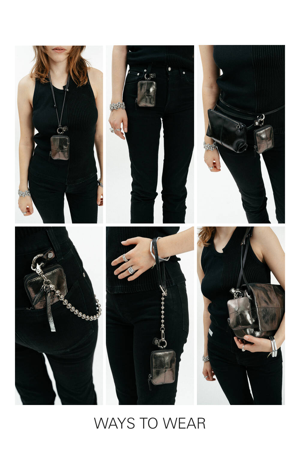 A woman in black demonstrates six different ways to wear the INA KENT small black pouch, including as a necklace, belt bag, wristlet, and crossbody. Text reads: "WAYS TO WEAR.