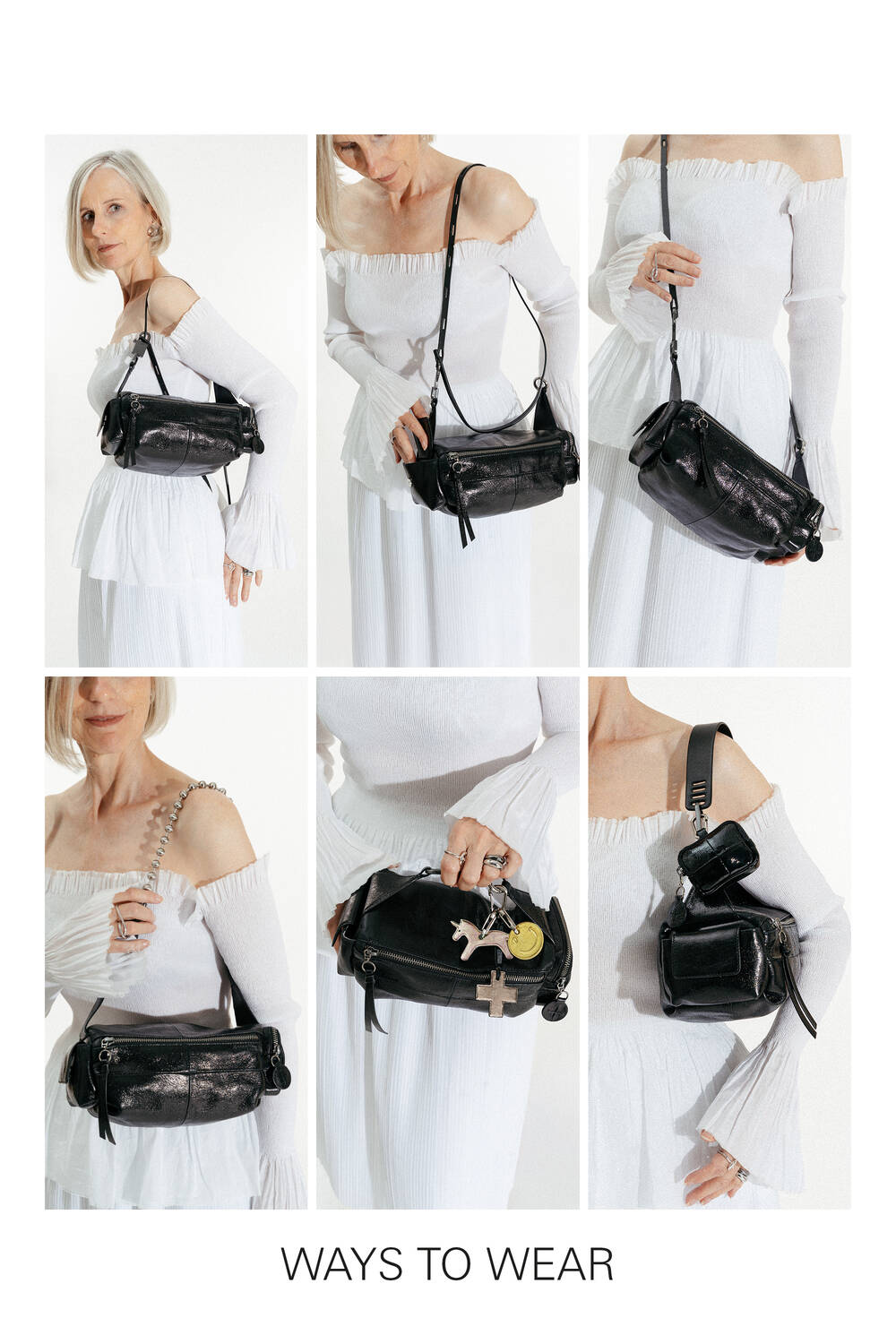 A woman in a white dress demonstrates six stylish ways to wear or carry an INA KENT black leather handbag against a white background. Text at the bottom reads "WAYS TO WEAR.