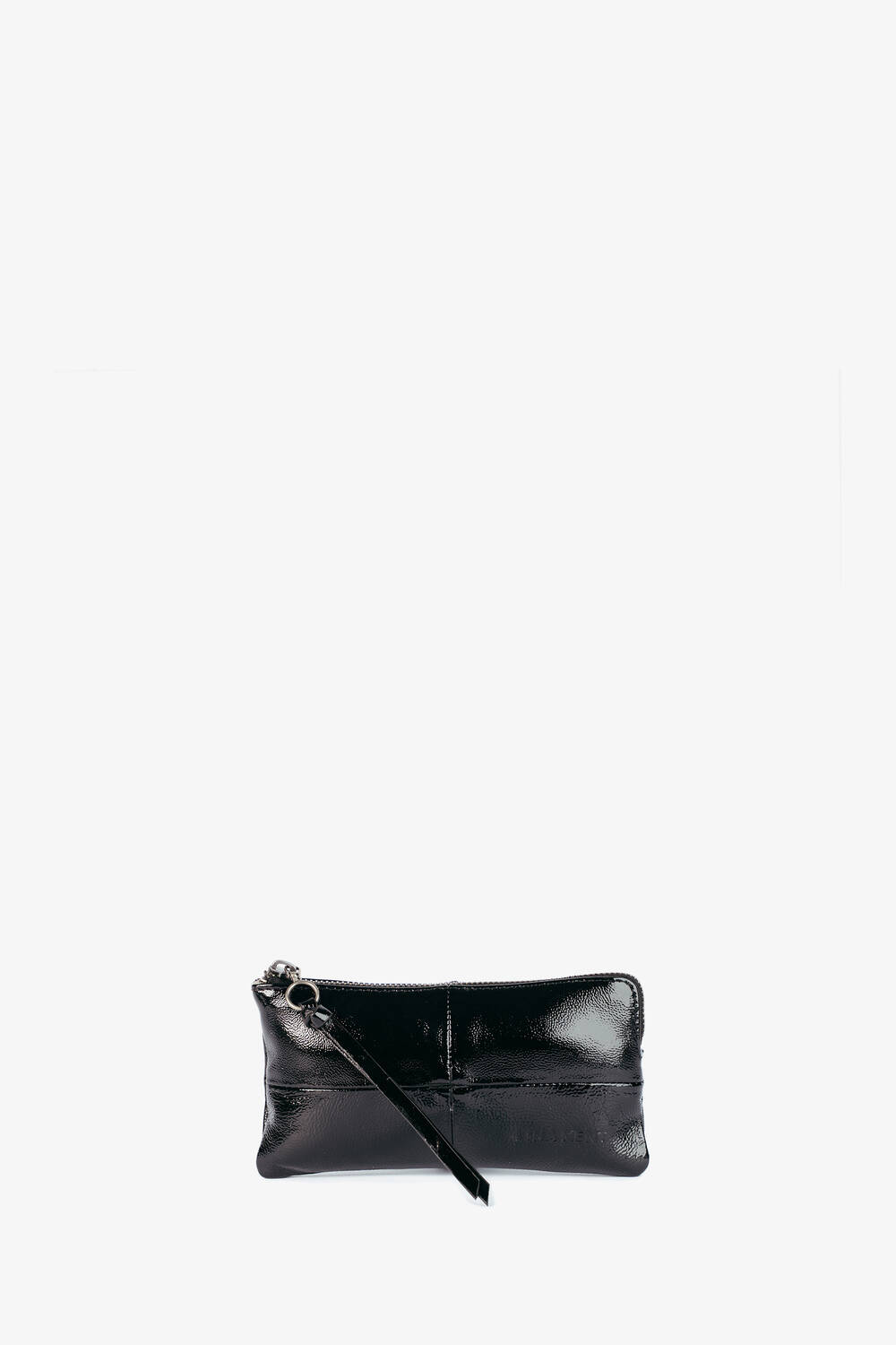 An INA KENT black leather wristlet clutch with a zipper closure and wrist strap, displayed against a plain white background.