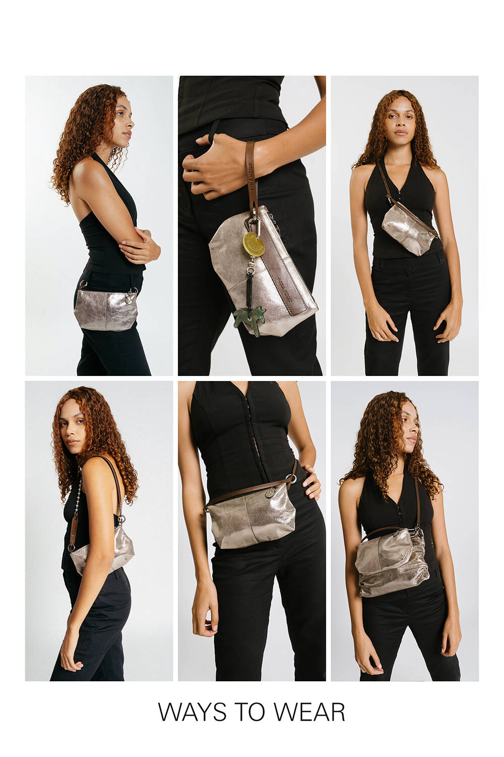 A woman demonstrates five different ways to wear an INA KENT metallic handbag: on her wrist, crossbody, over the shoulder, as a clutch, and as a belt bag.