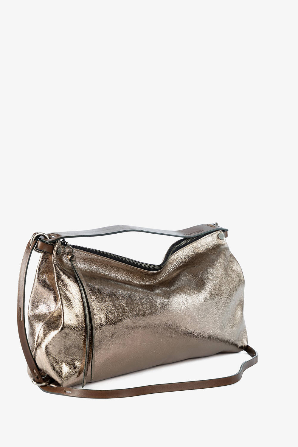 Goldene Ledertasche mit braunen Riemen von der Seite