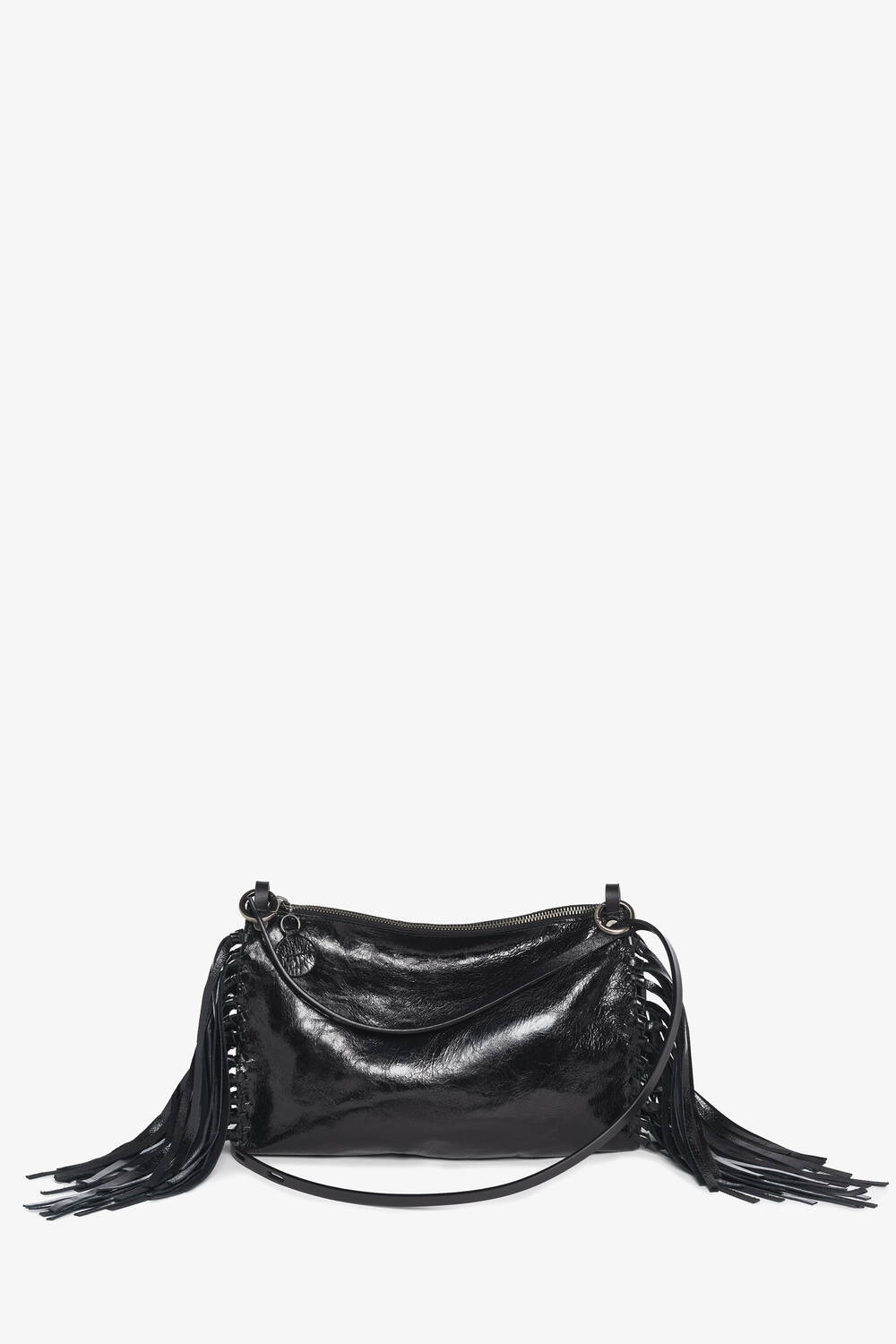 A shiny black INA KENT leather shoulder bag with a top zipper, side tassel details, and a long strap, displayed against a plain white background.