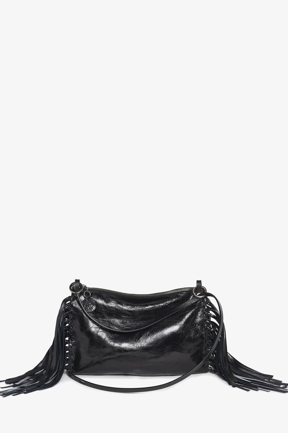 The INA KENT black leather shoulder bag features a zip closure, side tassel details, and an adjustable strap, displayed on a white background.