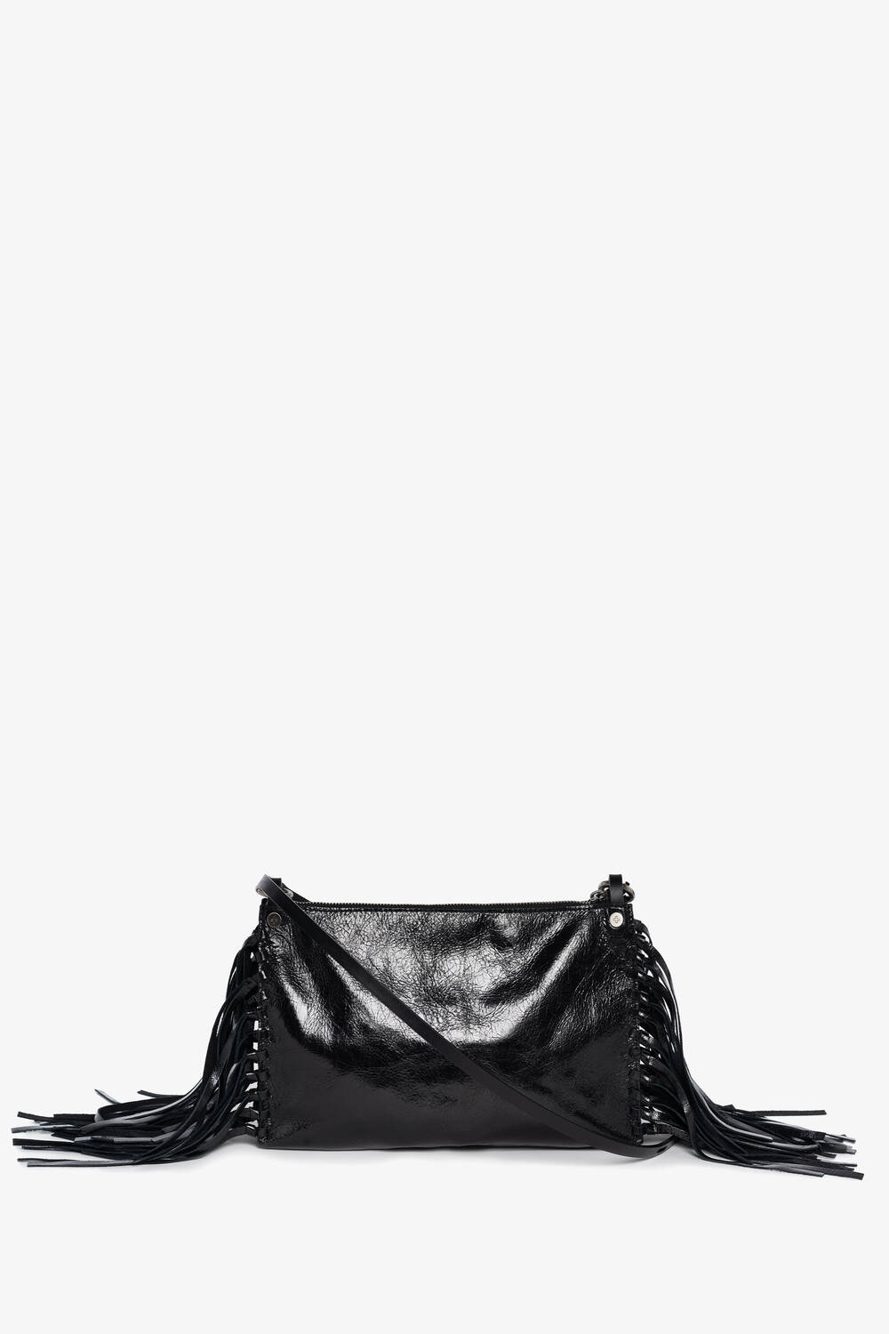 An INA KENT black patent leather crossbody bag with side fringe detailing and a long strap is displayed against a plain white background.