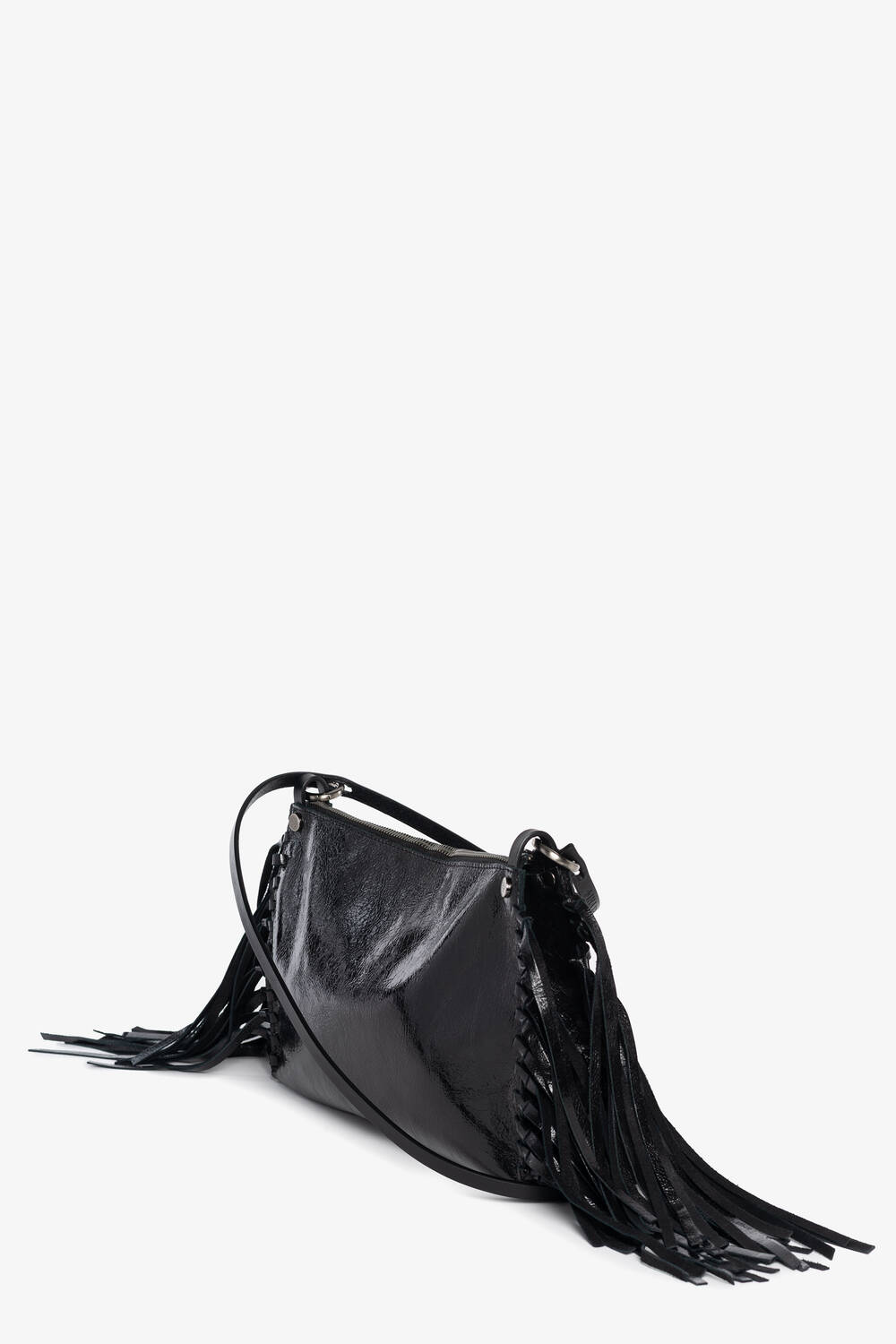 A black leather shoulder bag by INA KENT with a shiny finish and long fringe details on both sides, shown against a plain white background.