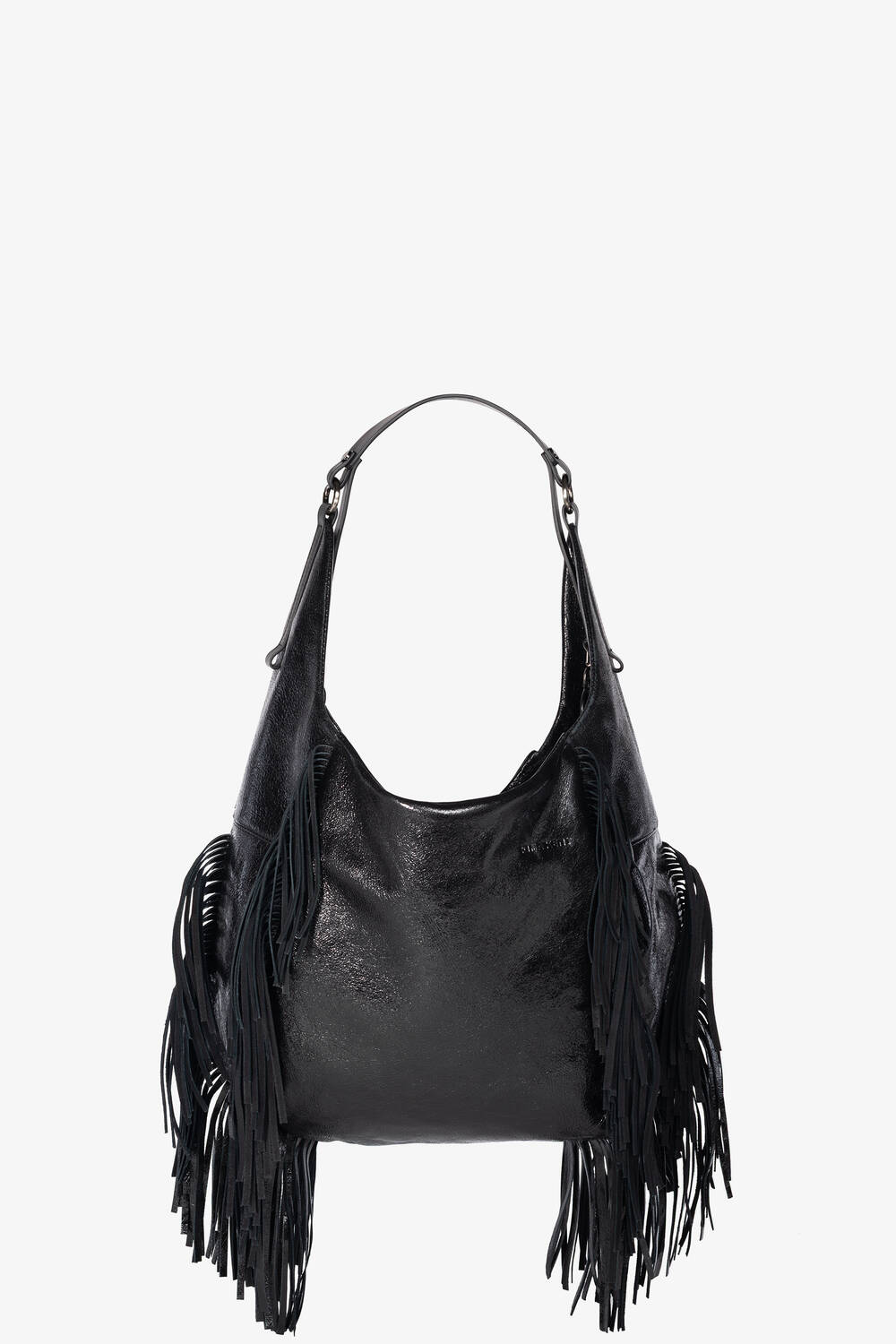 Black leather hobo bag by INA KENT, featuring a single shoulder strap and long fringe detailing on the sides, displayed against a plain white background.