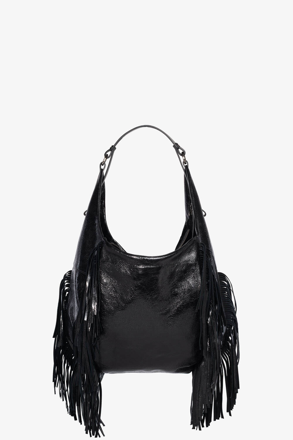 INA KENT black leather hobo bag with a single handle and long fringe detailing on the sides, displayed on a plain white background.
