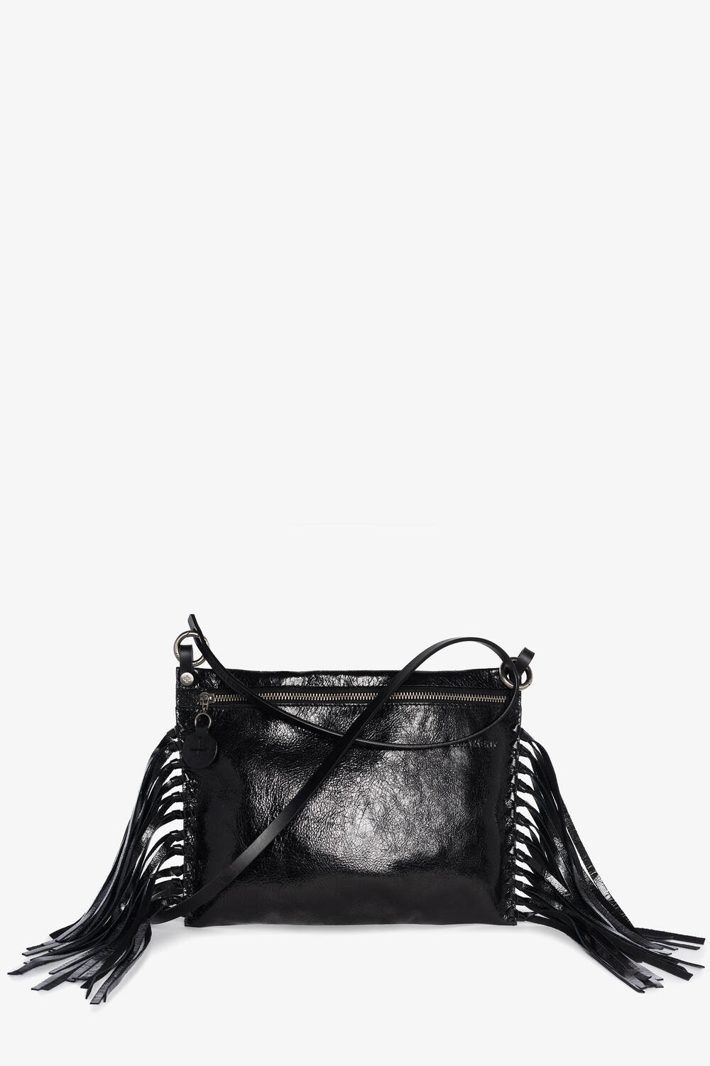 Black leather crossbody bag by INA KENT with a zip closure and long fringe detailing on both sides, displayed against a plain white background.