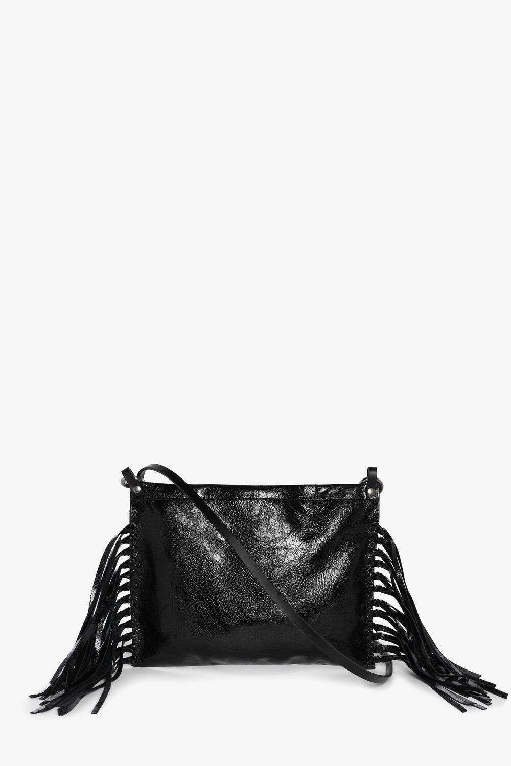 An INA KENT black leather shoulder bag with a long strap and fringe detailing on both sides, displayed against a plain white background.