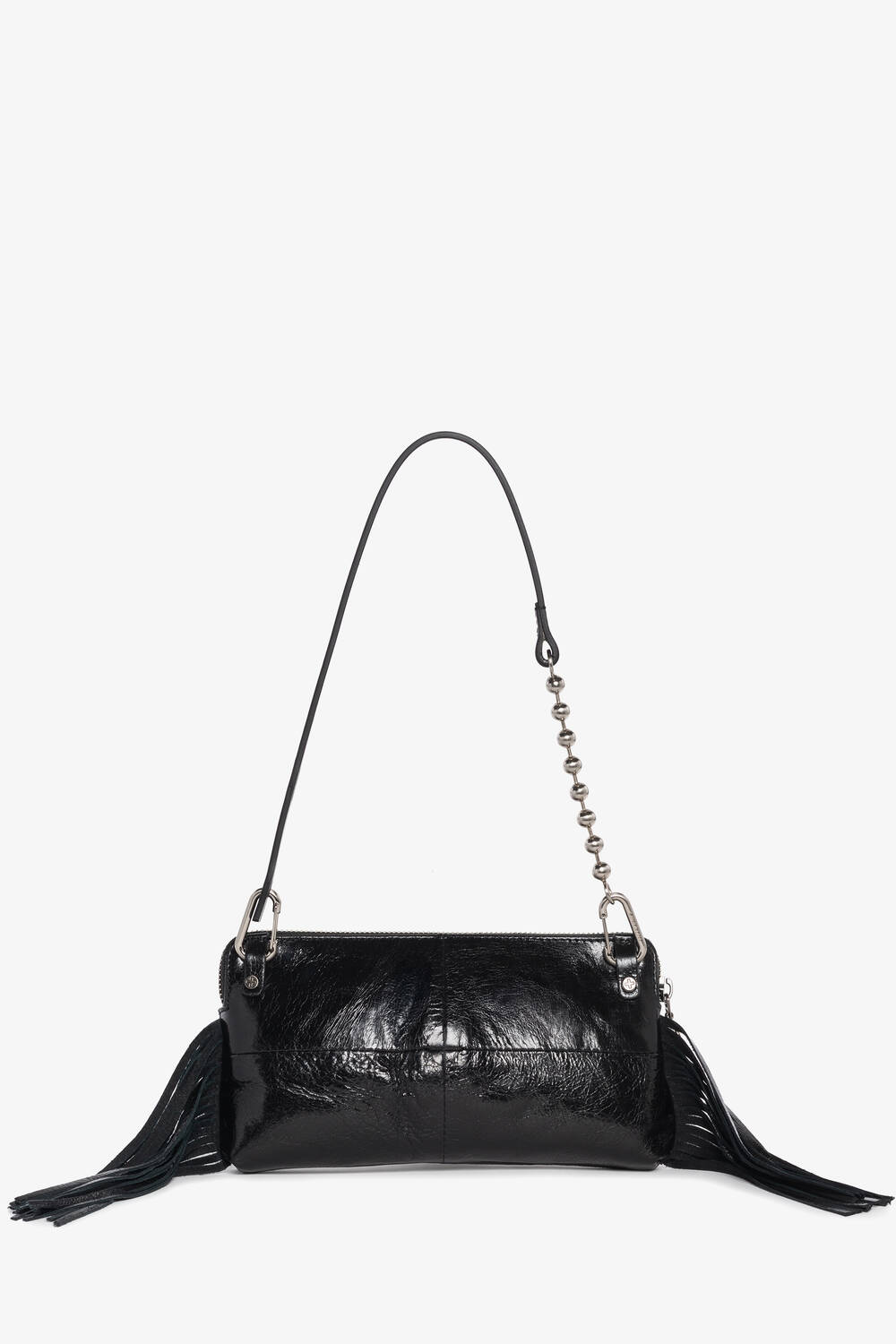 A black patent leather INA KENT handbag with a single shoulder strap, metal chain detail, and tassels on both sides, shown against a white background.