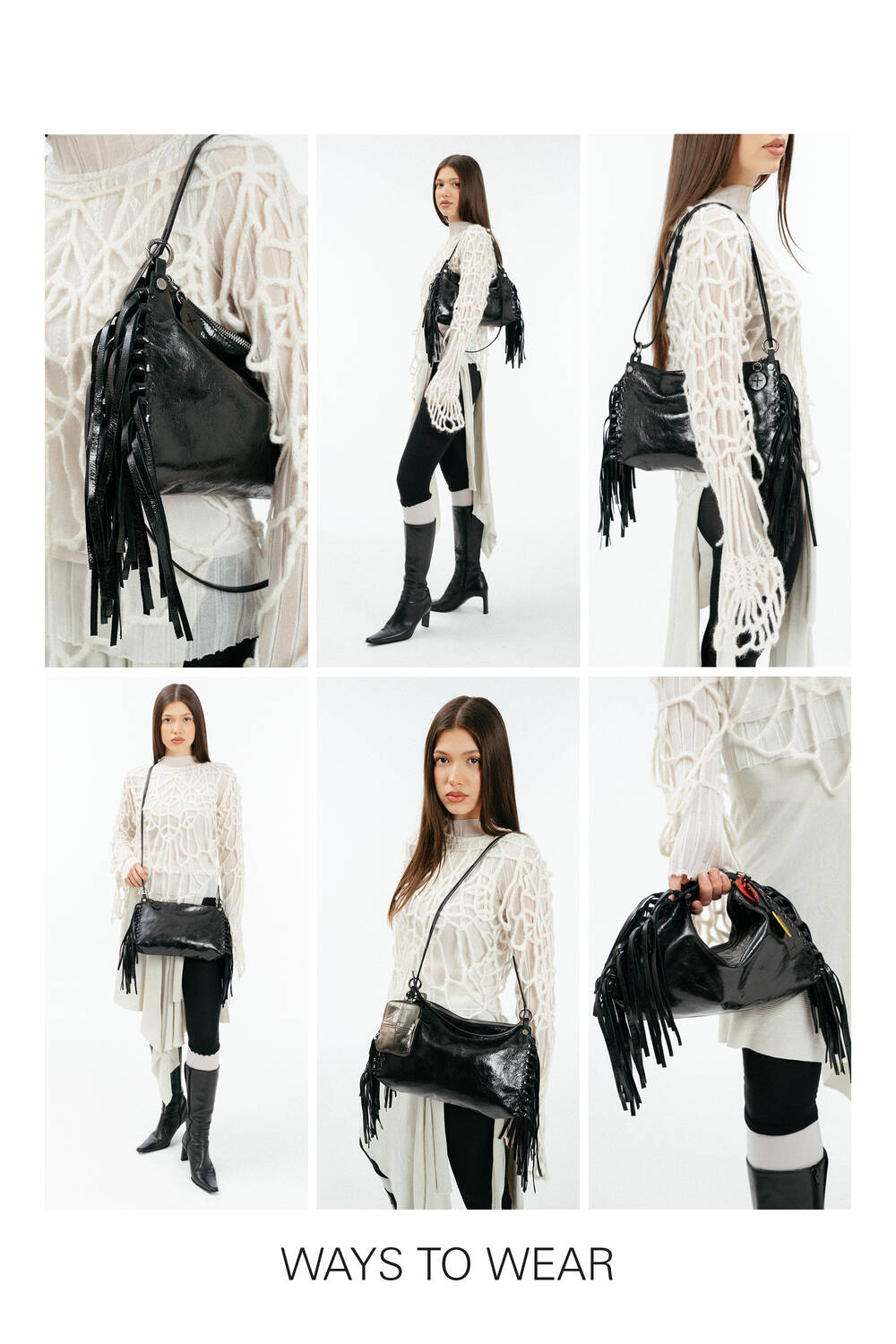 A woman demonstrates five different ways to wear the INA KENT black fringed handbag, showcasing various positions including crossbody, shoulder, and hand-held styles.