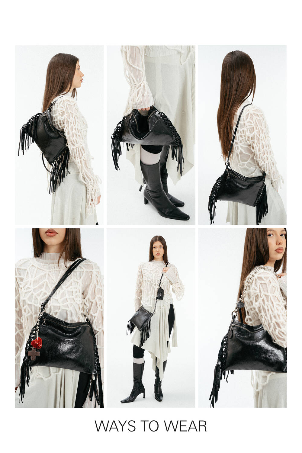 Tragevarianten von der schwarz, metallischen Ledertasche SUNLIT ed.1 mit Fransen