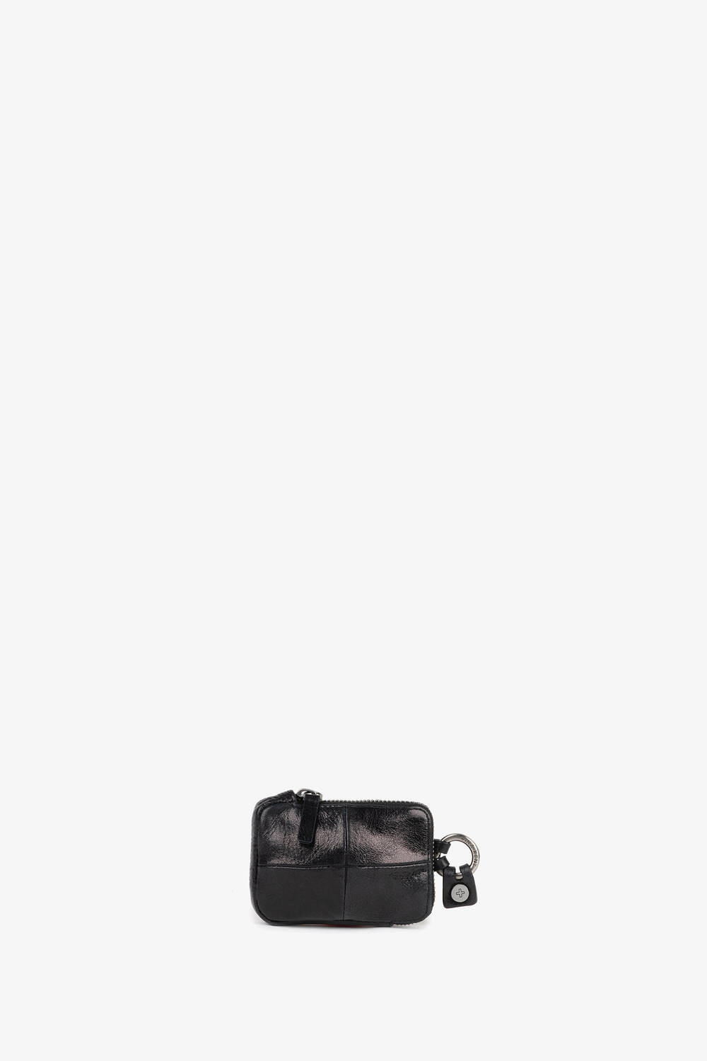 Small black leather pouch with a zipper and keyring attachment by INA KENT, displayed against a plain white background.