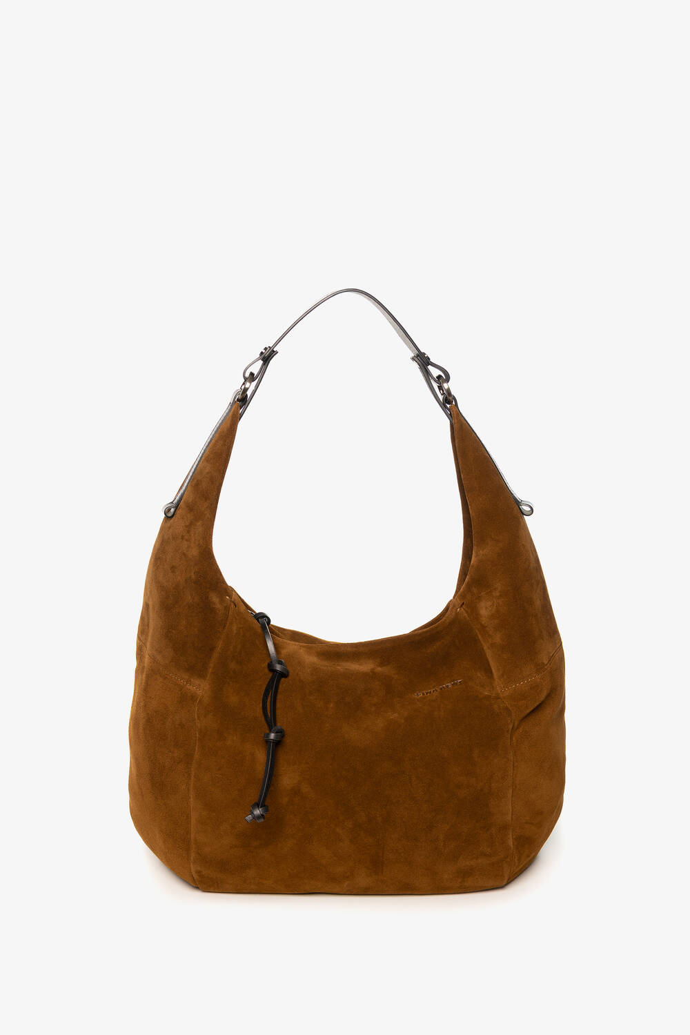 A brown suede hobo bag by INA KENT with a single black shoulder strap and a black drawstring detail on the front, set against a plain white background.