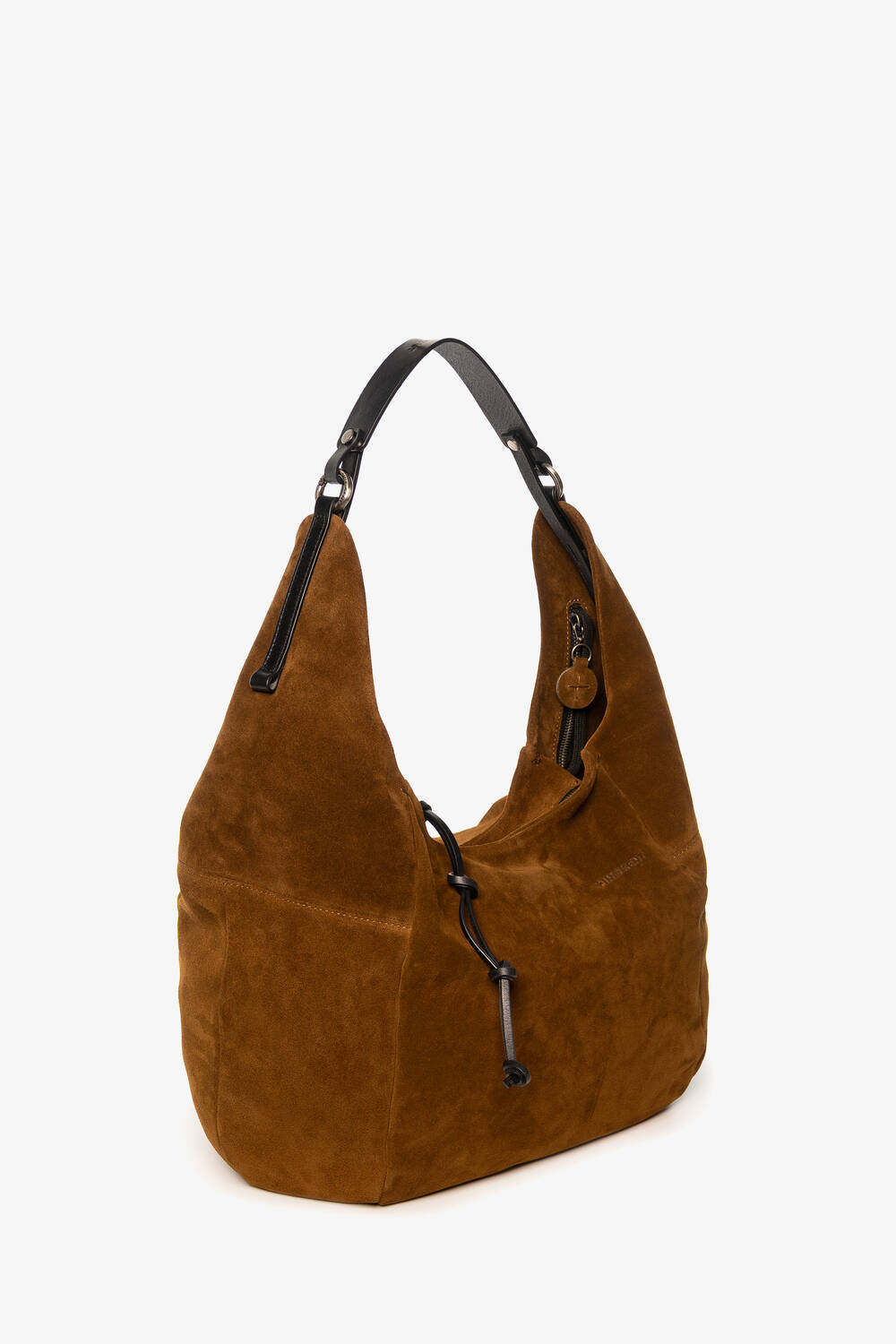 Brown suede INA KENT hobo bag with a black shoulder strap, drawstring closure, and a round decorative charm on the side, displayed against a white background.